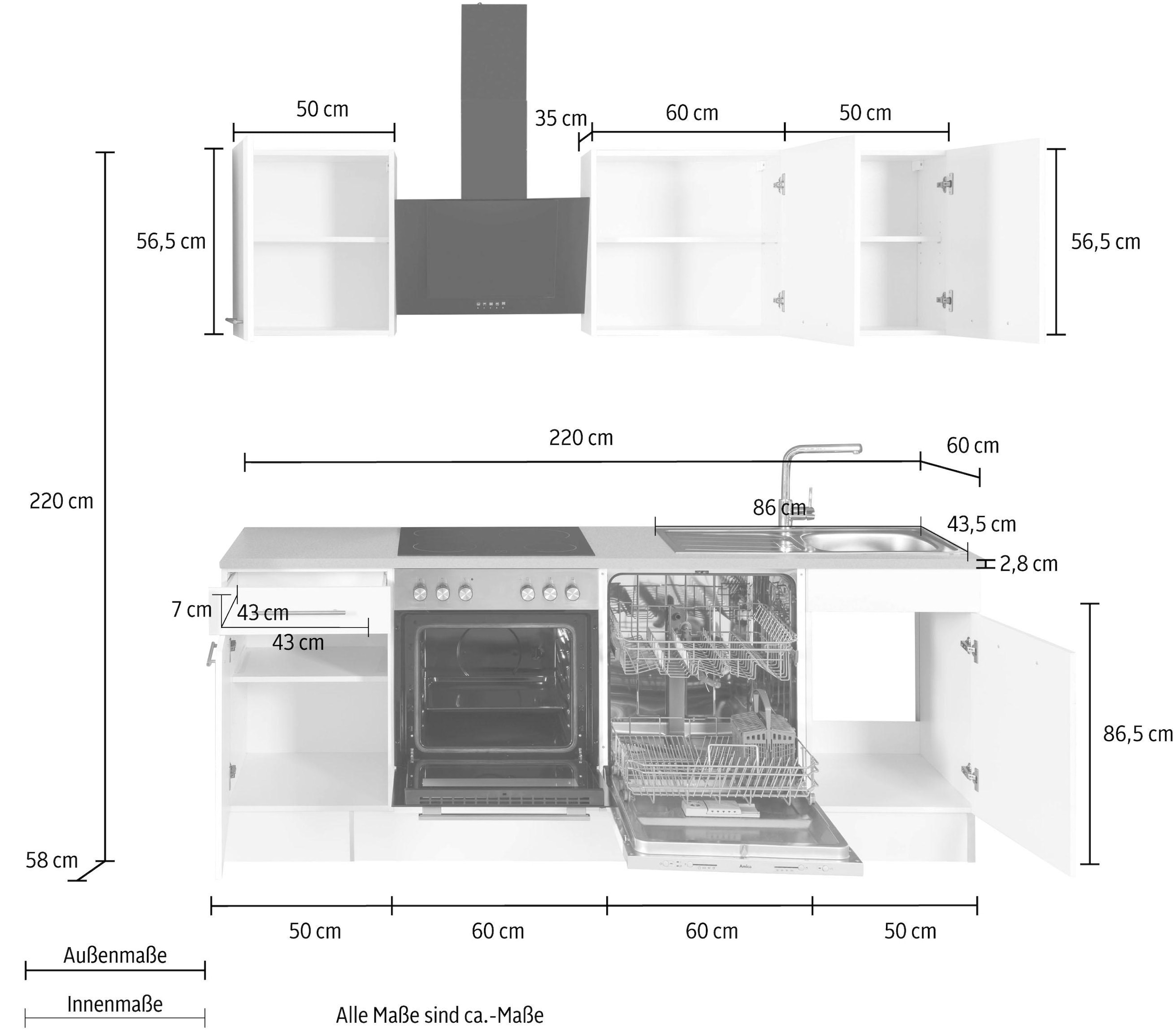wiho Küchen Küchenzeile »Ela«, Breite 220 cm, Soft-Close-Funktion, höhenverstellbare Füße