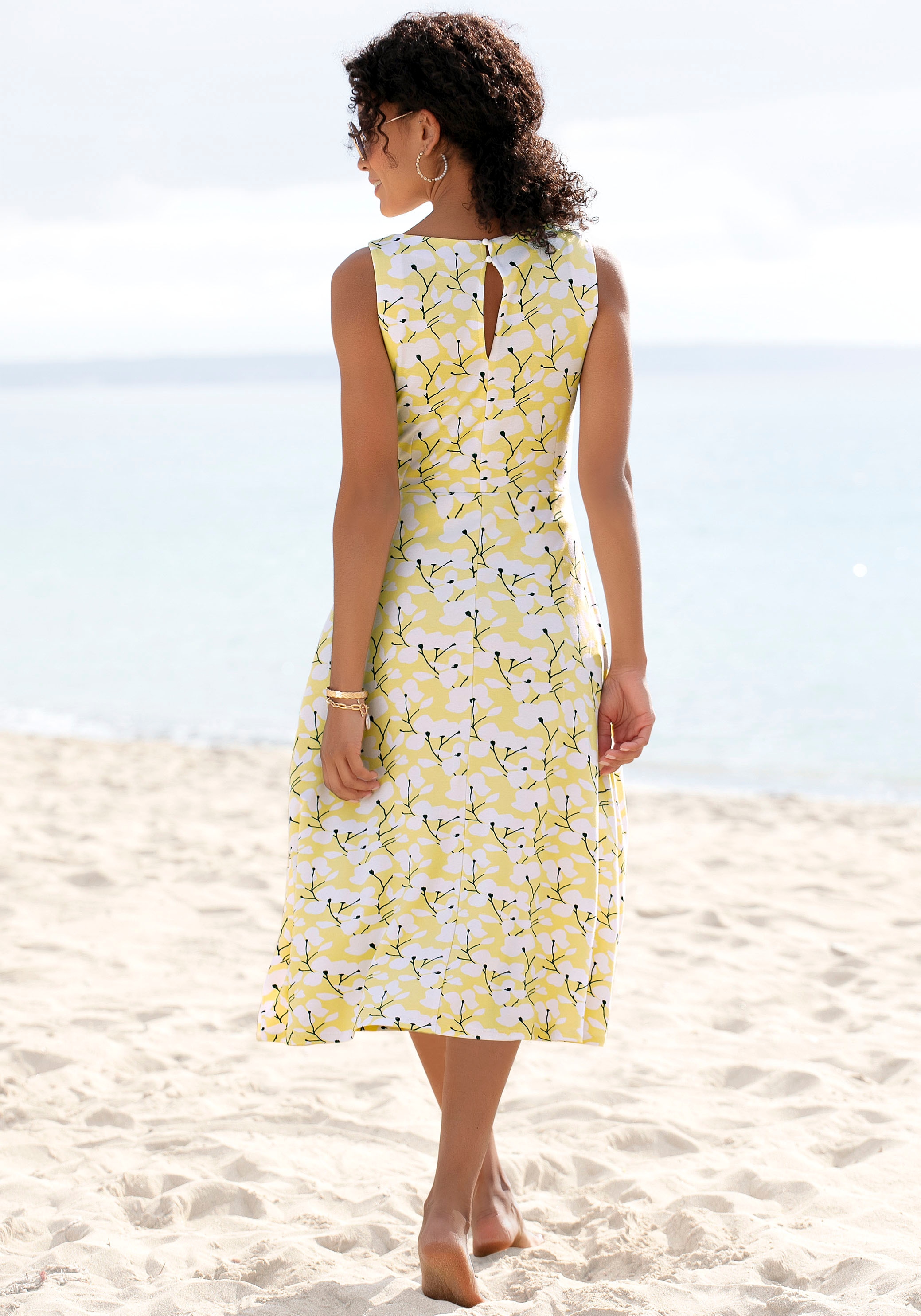 Beachtime by Lascana Midikleid »mit ausgestelltem Rockteil mit Blumendruck, Jerseykleid« Ohne Taschen Elegantes Sommerkleid, Druckkleid, A-Linien-Kleid, casual-chic