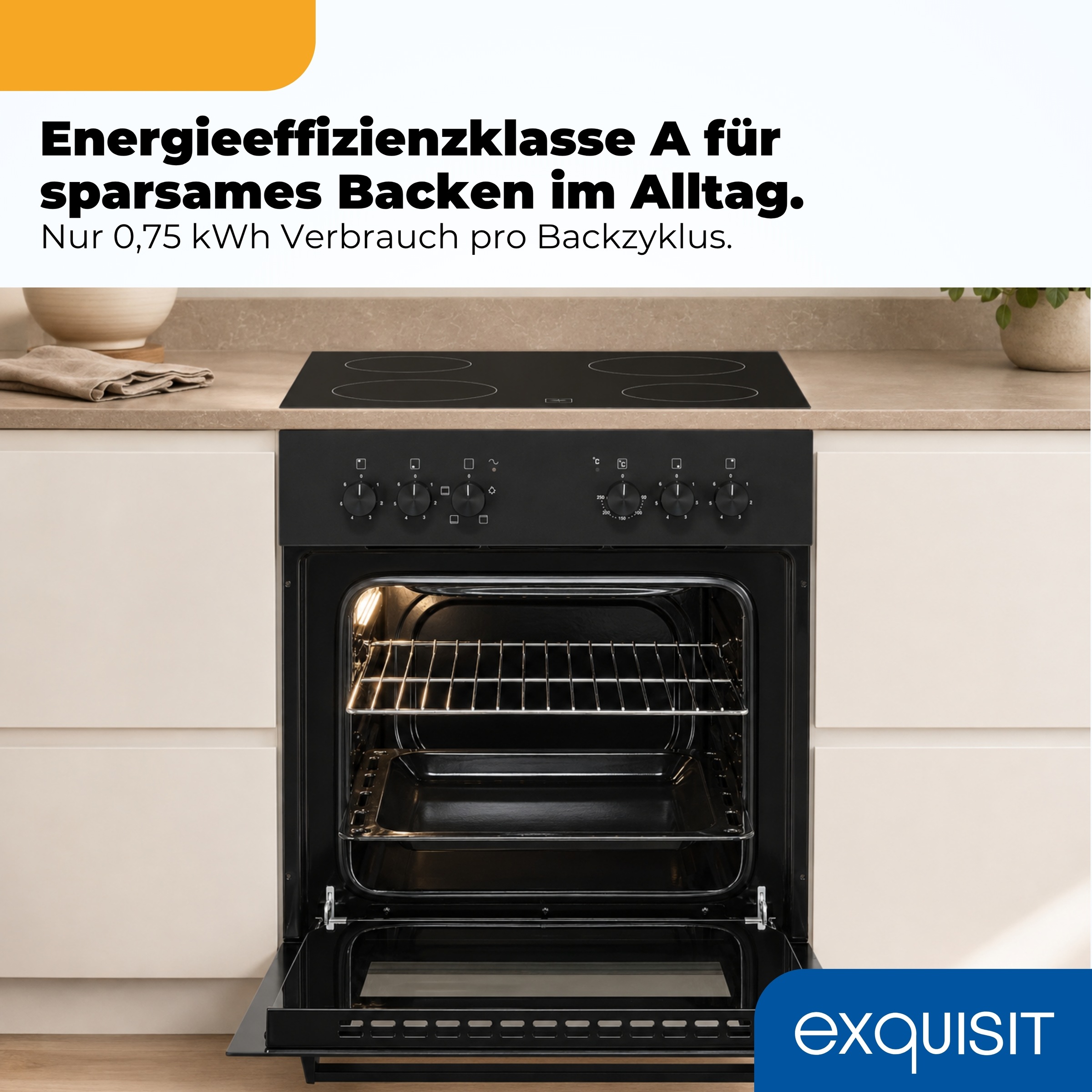 exquisit Backofen-Set »EHE346-120 Set mattschwarz« Backofen | Glaskeramikkochfeld, 2 Stk. tlg. Ober&Unterhitze mit 4-Zonen-Glaskeramikkochfeld – einfach & sicher!