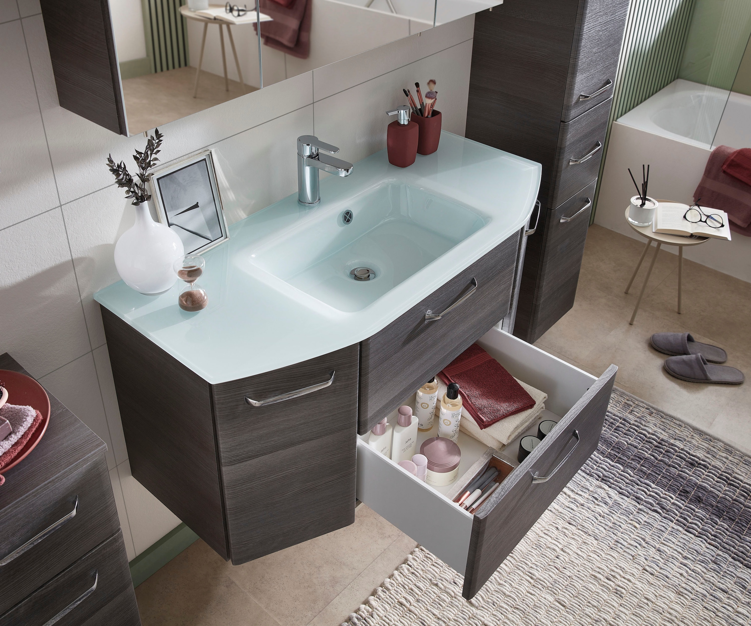 Saphir Badmöbel-Set »Quickset 5-teilig Glas-Waschtisch mit LED-Spiegelschrank, Bad-Set« 6 Stk. tlg.