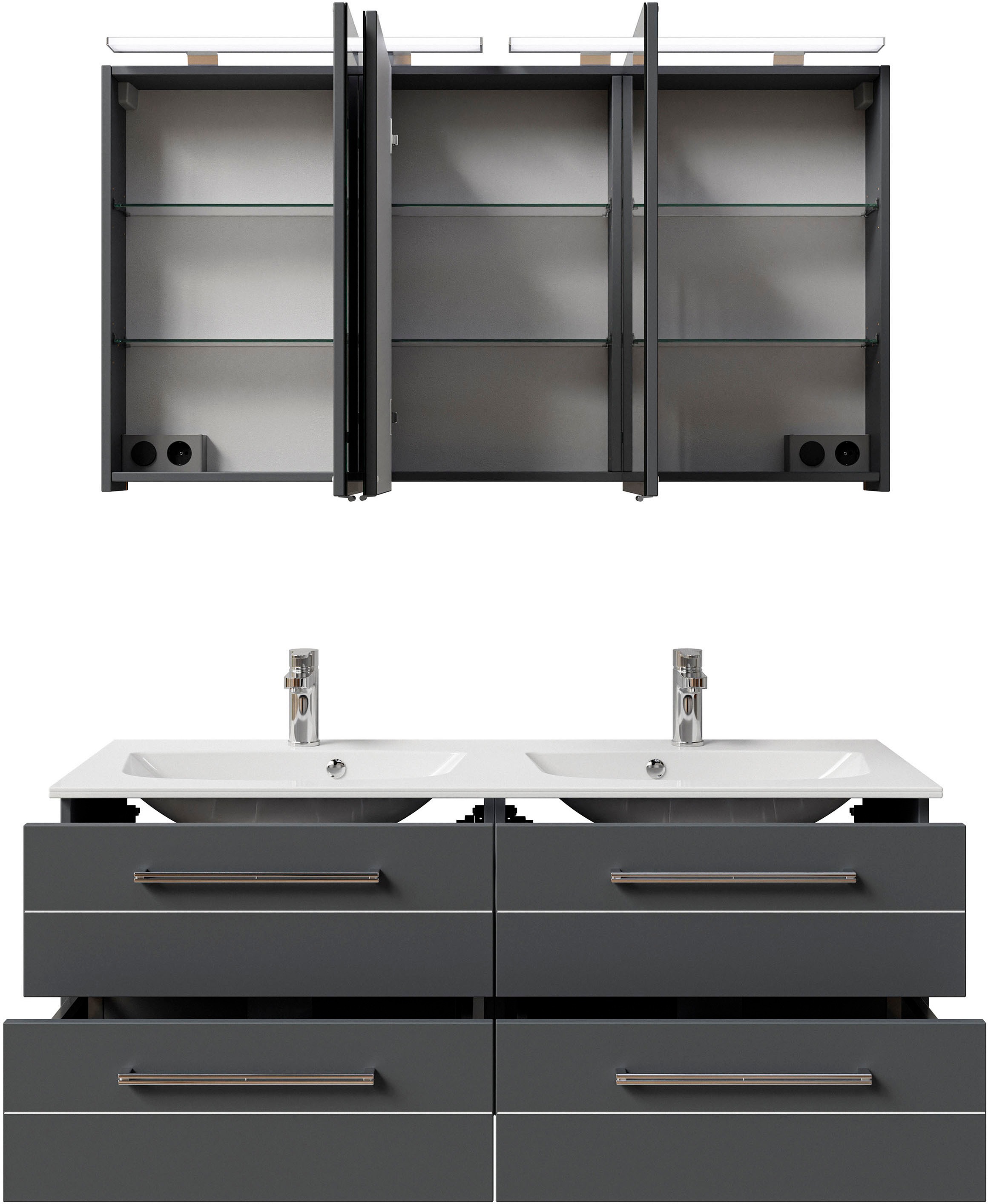 Saphir Badmöbel-Set »Serie 6025 2-teilig Mineralmarmor-Waschtisch mit LED-Spiegelschrank«, (2 St.), Waschplatz 132cm breit, 4 Schubladen, 2 Spiegel-Türen, inkl Türdämpfer