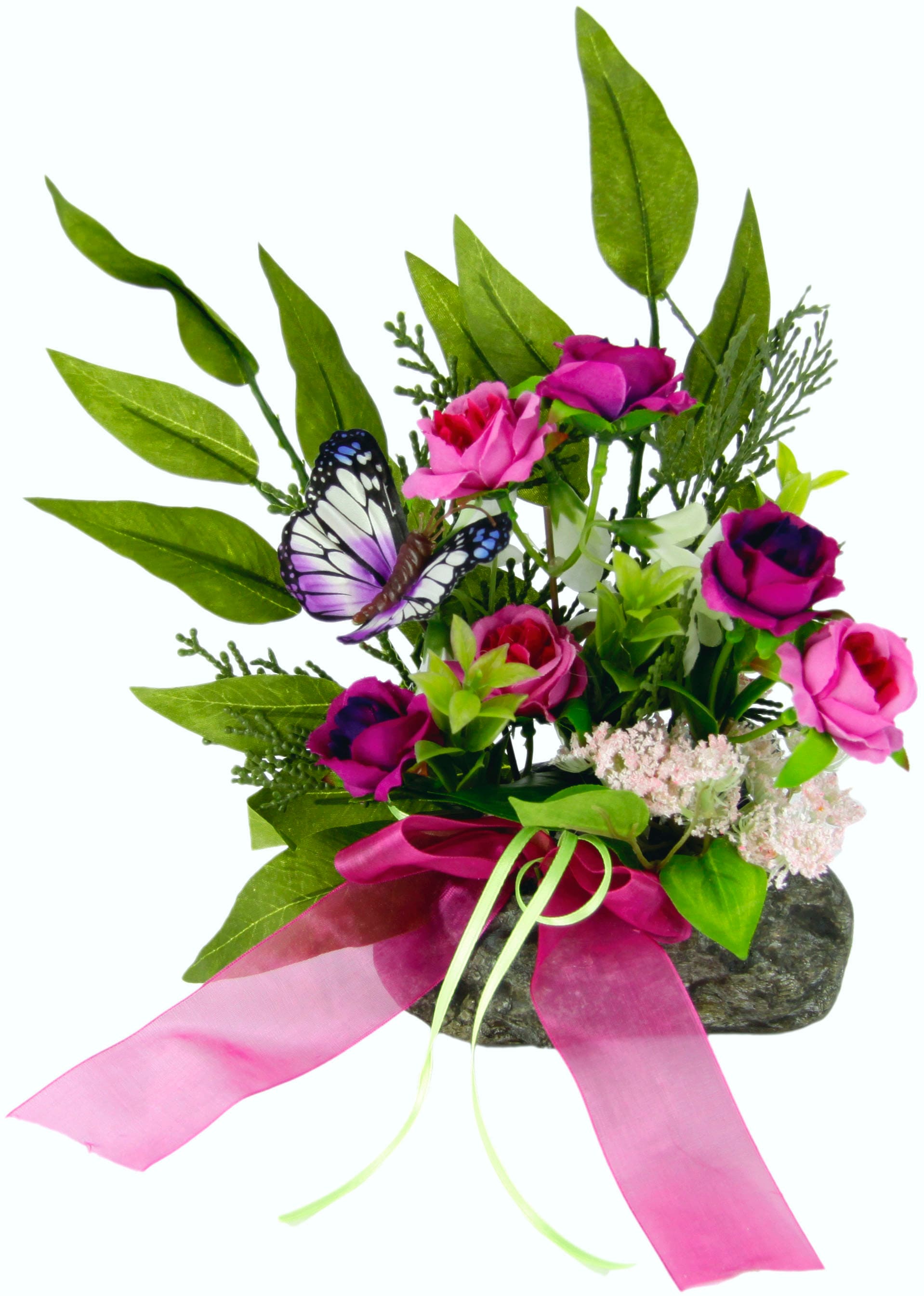 I.GE.A. Kunstblume »Rosen«, Rosen Beiwerk Schmetterling Schleife auf Stein Künstliches... kaufen
