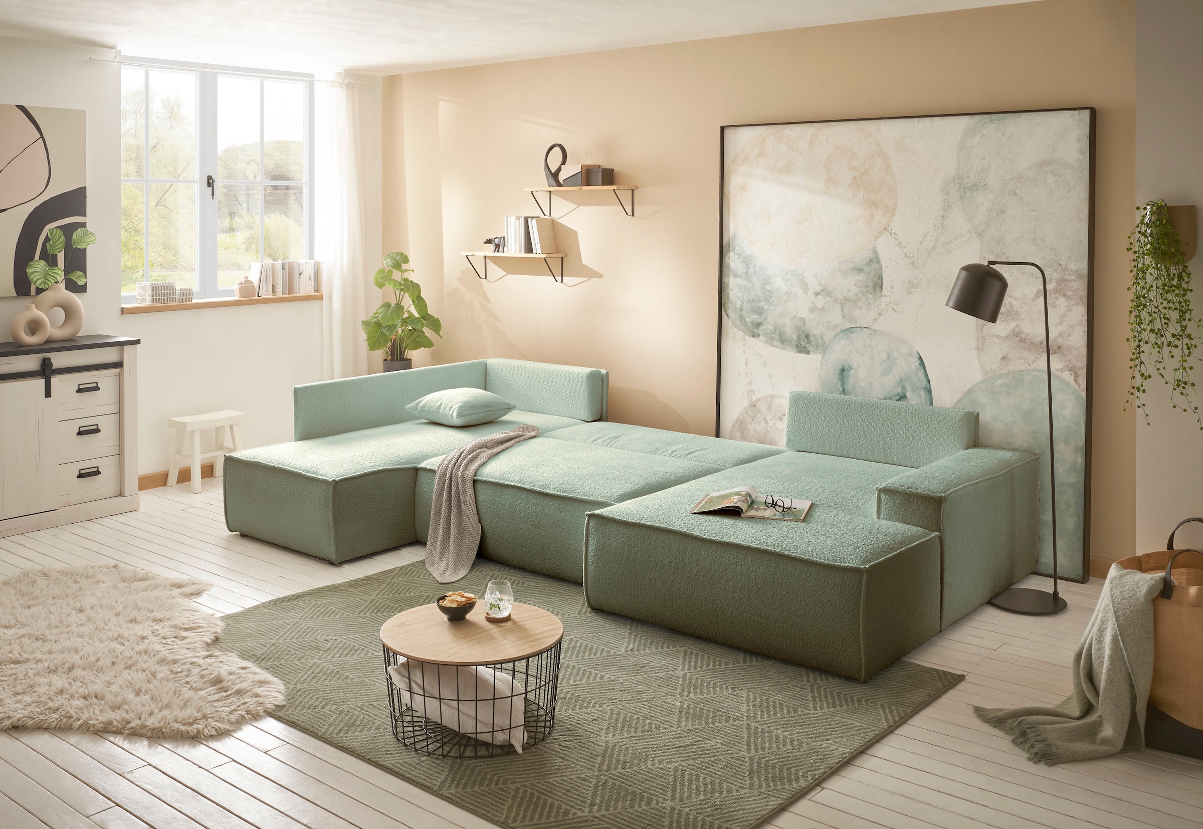 andas Wohnlandschaft »FINNLEY U-Form XXL 329 cm, Schlafsofa, Schlaffunktion m. Bettkasten«, (194/139 cm), Bouclé, Struktur und Cord