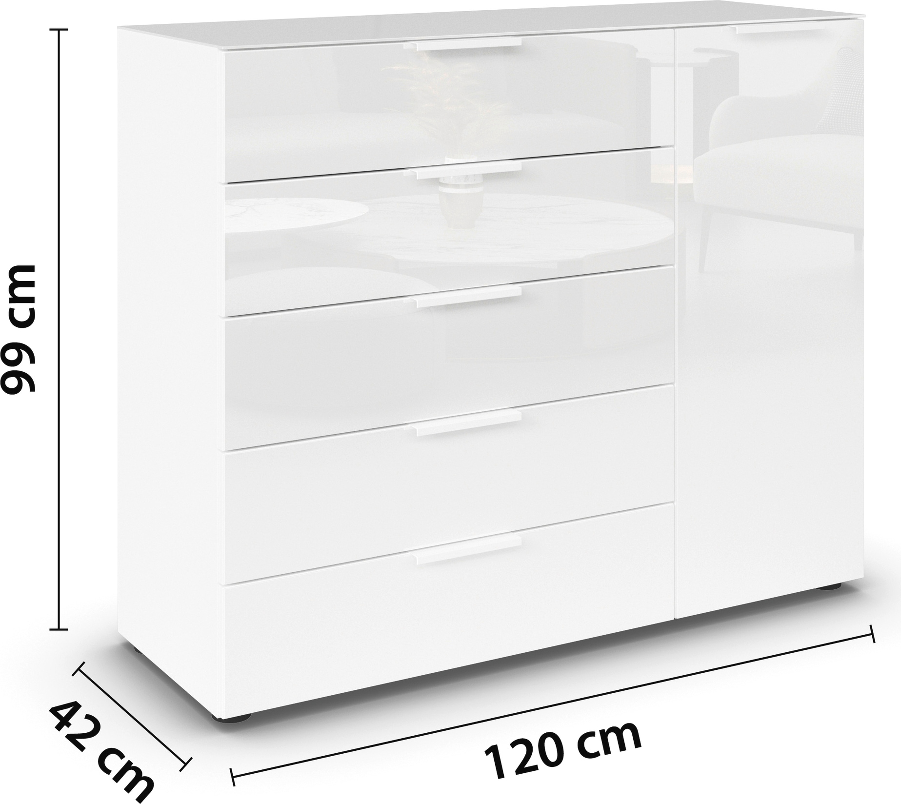 rauch Schubkastenkommode »Kommode Türkommode Sideboard Kombikommode FLIPP mit Glasfront«, (Breite 120 cm mit 2 Einlegeböden), 1-türig, 5 Schubladen, Soft-Close-Funktion, Oberboden und Front Glas