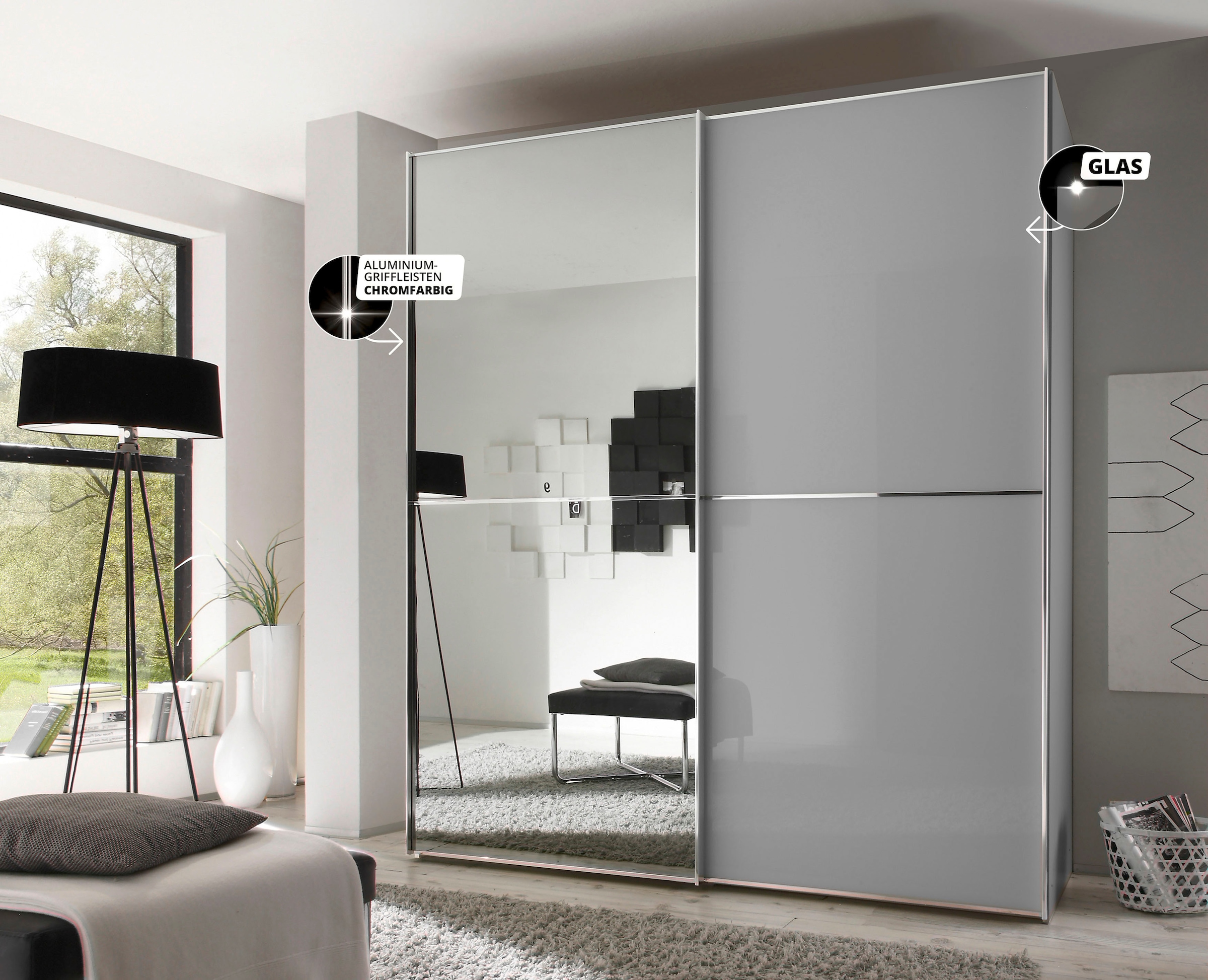 STAUD Schwebetürenschrank »Sinfonie Plus, edles Design in hochwertiger Qualität, Made in Germany« Glas und Spiegel-Frontkombination mit vier Ausstattungsvarianten