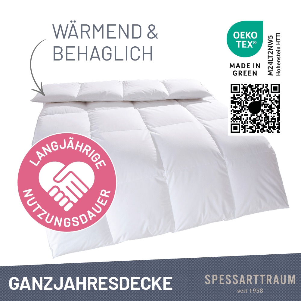 SPESSARTTRAUM Daunenbettdecke »First Class«, warm, Füllung 90% Daunen / 10% Federn, Klasse 1, Downpass zertifiziert, Bezug 100% Baumwolle, Made in Green, Hausstauballergiker geeignet, (1 St.), 5 Wärmeklassen & 6 Größen, Bestseller
