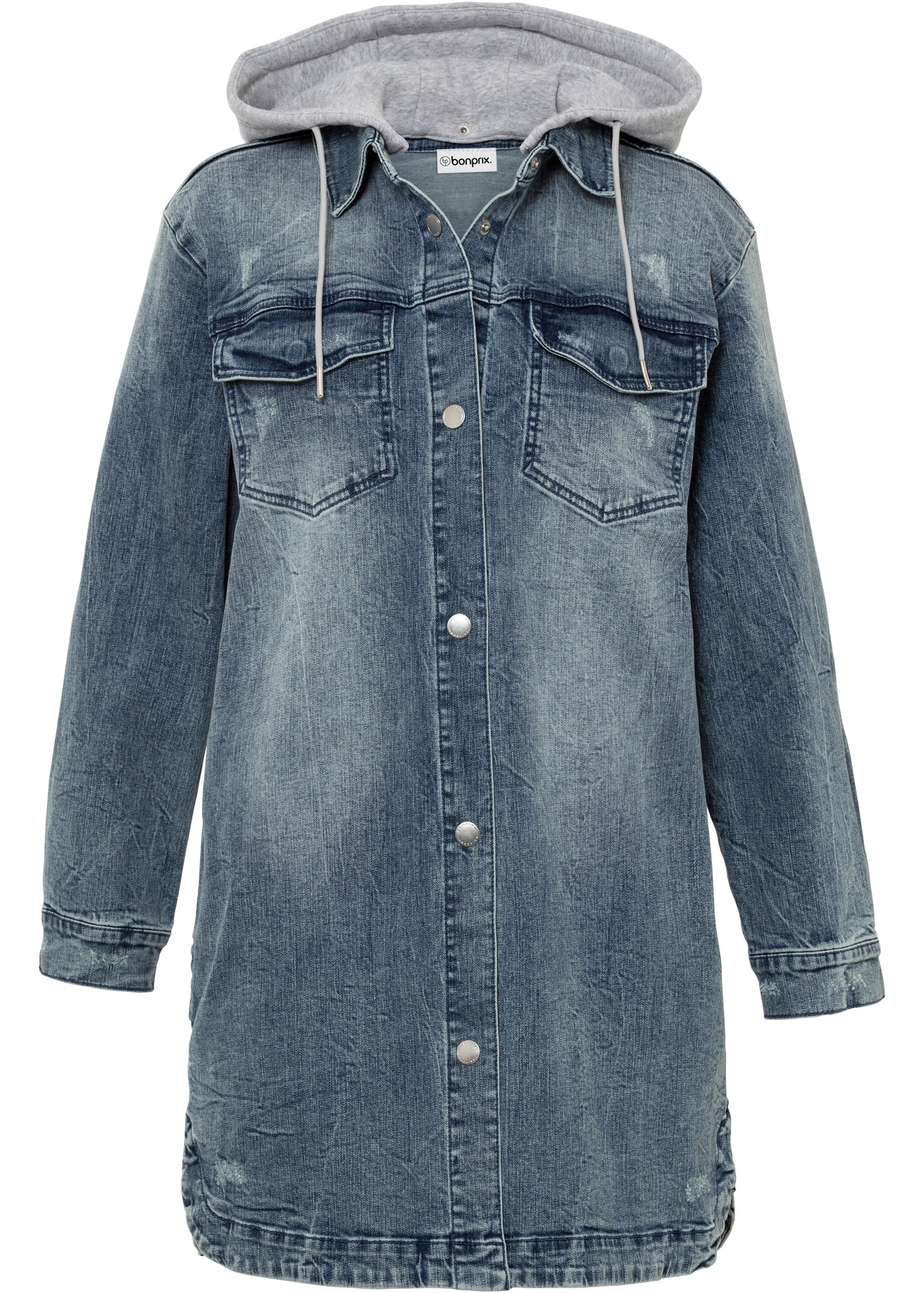 bonprix Jeansjacke mit Kapuze lange, bequeme Passform, mit Eingriffs- und Brusttaschen