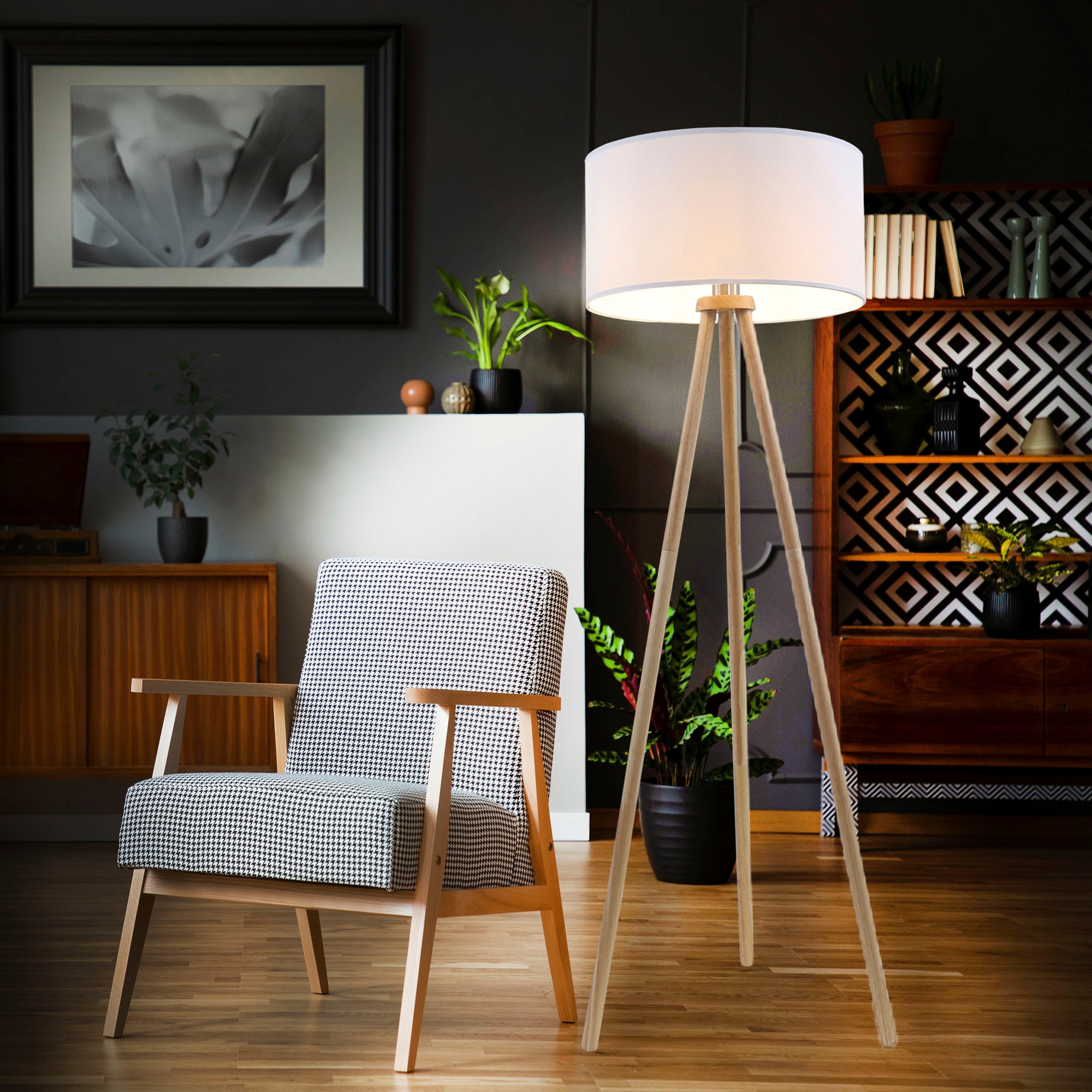 Briloner Leuchten Stehlampe »1379016 Floor«, Leuchtmittel E27 | ohne Leuchtmittel, Holz Stativ, Stoffschirm, inkl. Kabelschalter, exkl. 1x E27 max. 60 W