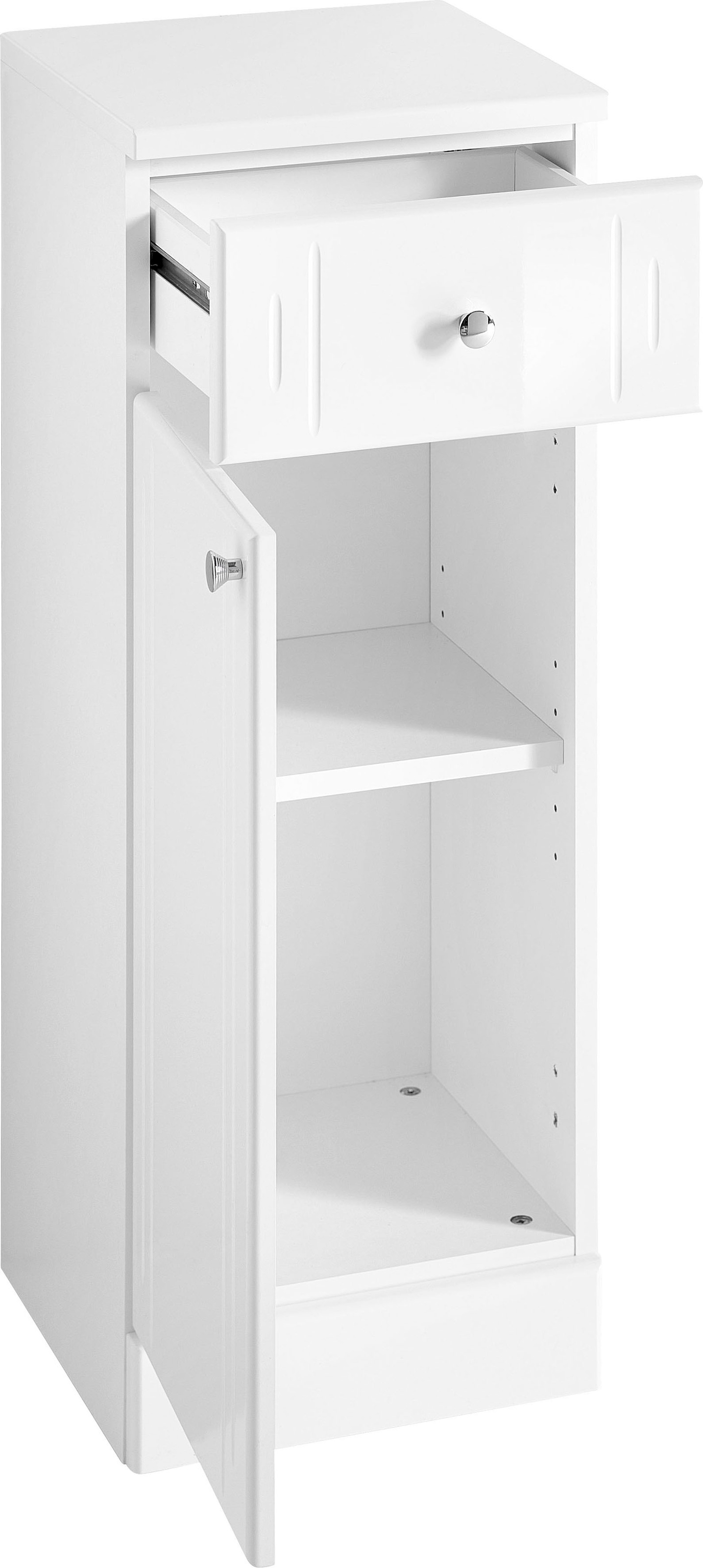 Saphir Unterschrank »Quickset 955 Badschrank mit 1 Tür, 1 Schublade, 32,5 cm breit« Badezimmer-Unterschrank in Weiß Hochglanz, Griffe Chrom Glanz