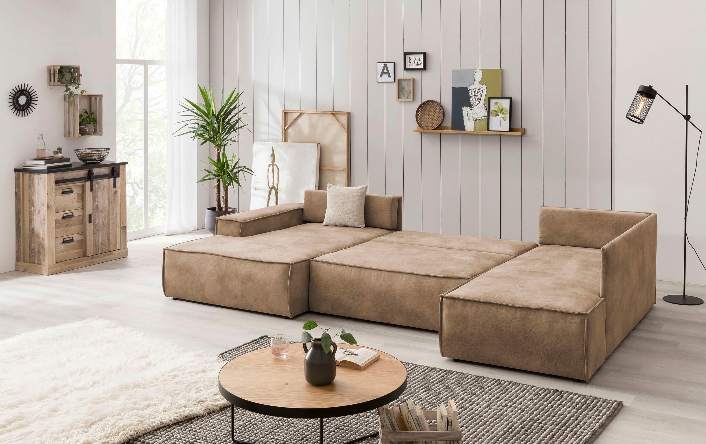 Home affaire Wohnlandschaft »SHERWOOD 329 cm, U-Form, Schlafsofa,«, Schlaffunktion m. Bettkasten (194x139 cm), Cord, Vintage, Samtvelours
