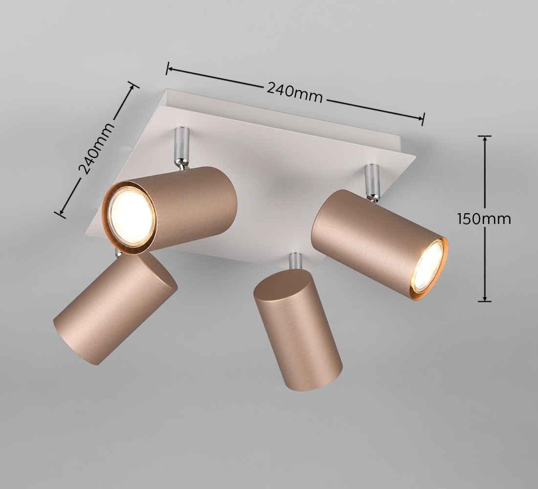TRIO Leuchten Deckenstrahler »MARLEY, GU10 Deckenspot 1-flammig, exkl 4x GU10 max 35W, Wandspot«, 4 flammig, Leuchtmittel GU10 | Leuchtmittel wechselbar, flexibel verstellbarer GU10 Deckenspot in coffee + warm grey, 24x24 cm
