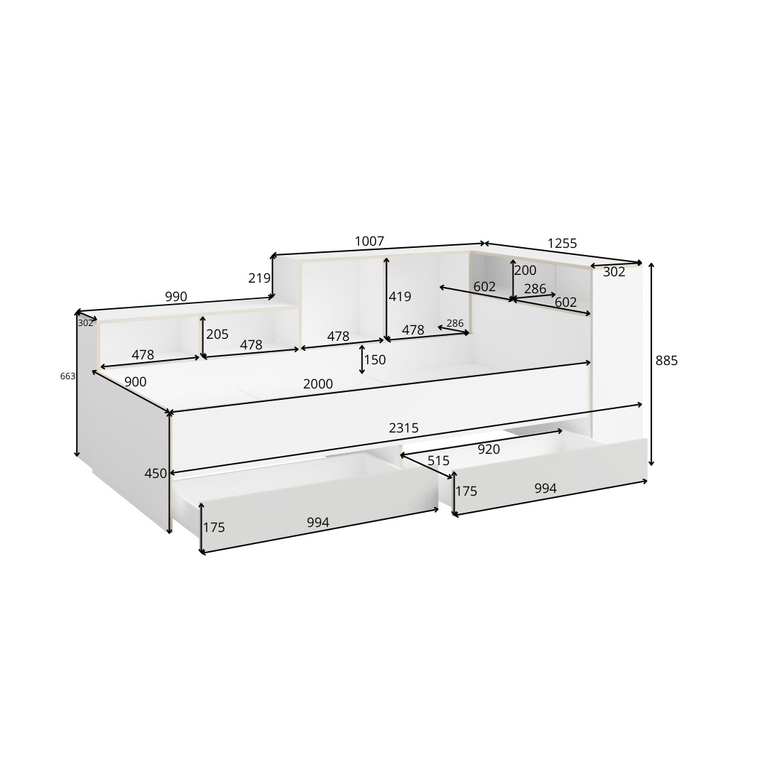 Home affaire Jugendbett »ELLETE Stauraumbett 90x200 cm, Maße B/T/H: 231,5/125,5/88,5 cm«, Bett ohne Matratze mit 2 Schubladen, 2 Türen und 6 Fächer