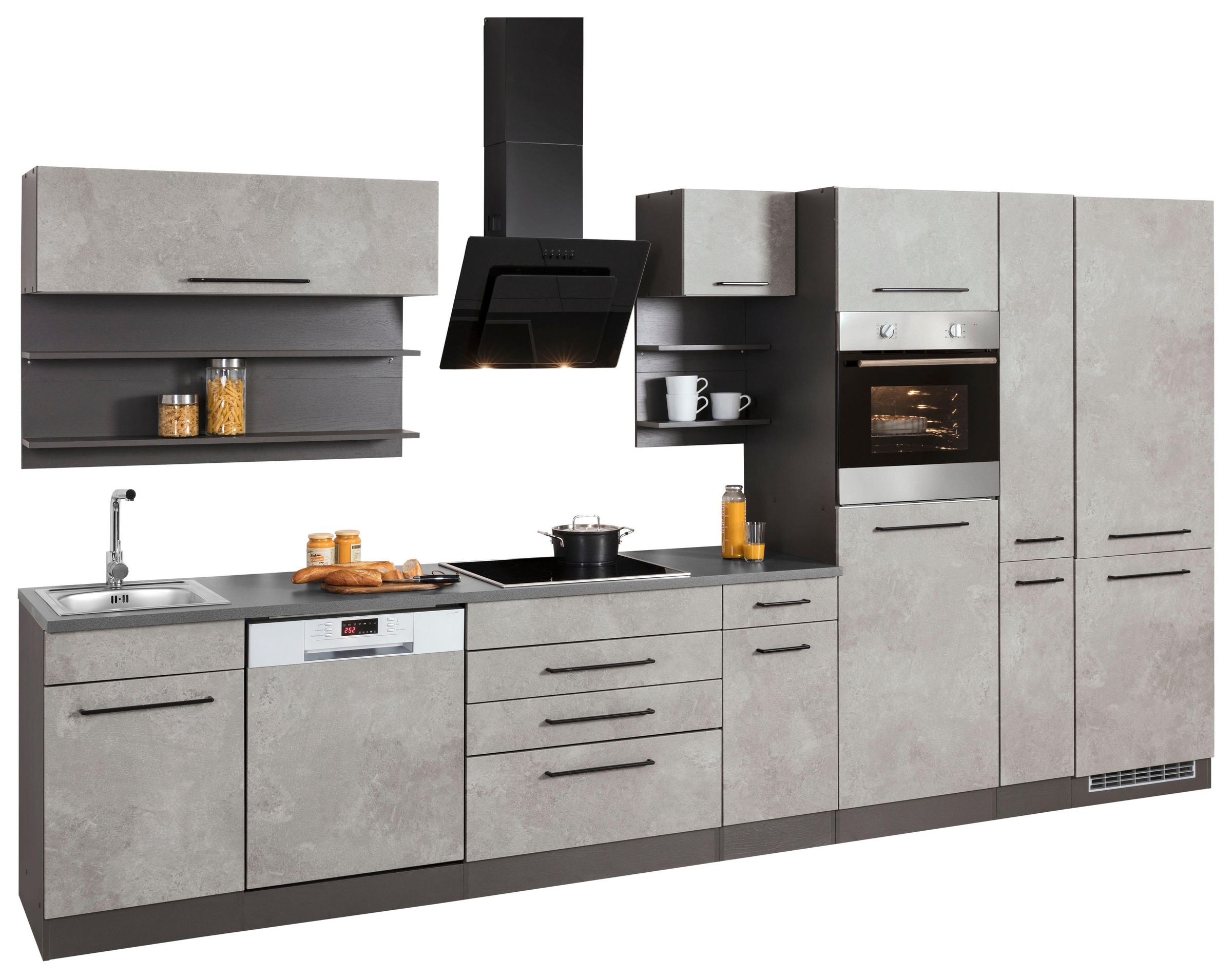 KOCHSTATION Küchenzeile »KS-Tulsa«, mit E-Geräten, Breite 380 cm, schwarze Metallgriffe, MDF Fronten