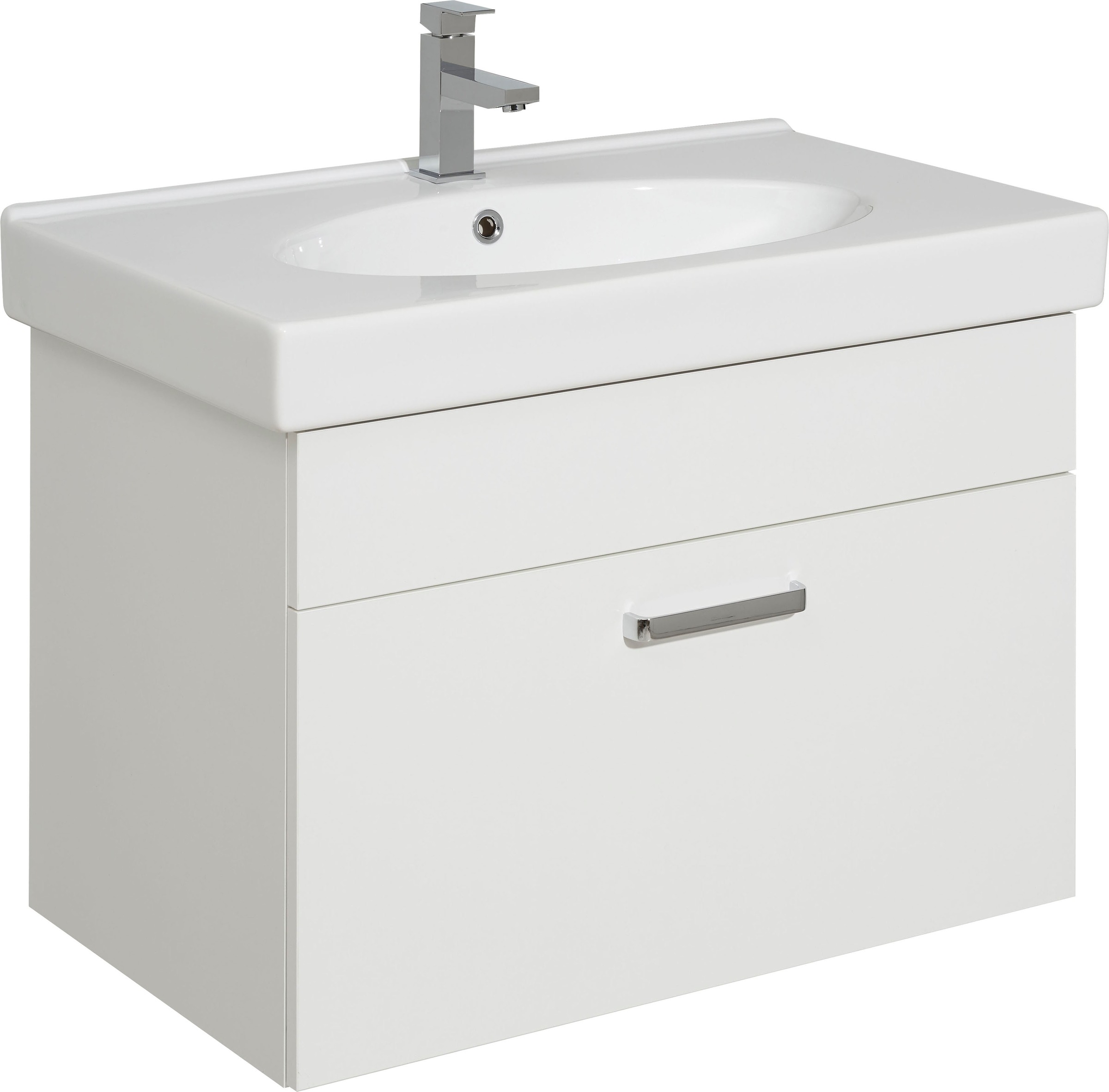 Saphir Badmöbel-Set »Quickset 4-teilig, Keramik-Waschtisch mit LED-Spiegelschrank«, (5 St.), Unterschrank, Hängeschrank, inkl. Türdämpfer, Griffe Chrom Glanz