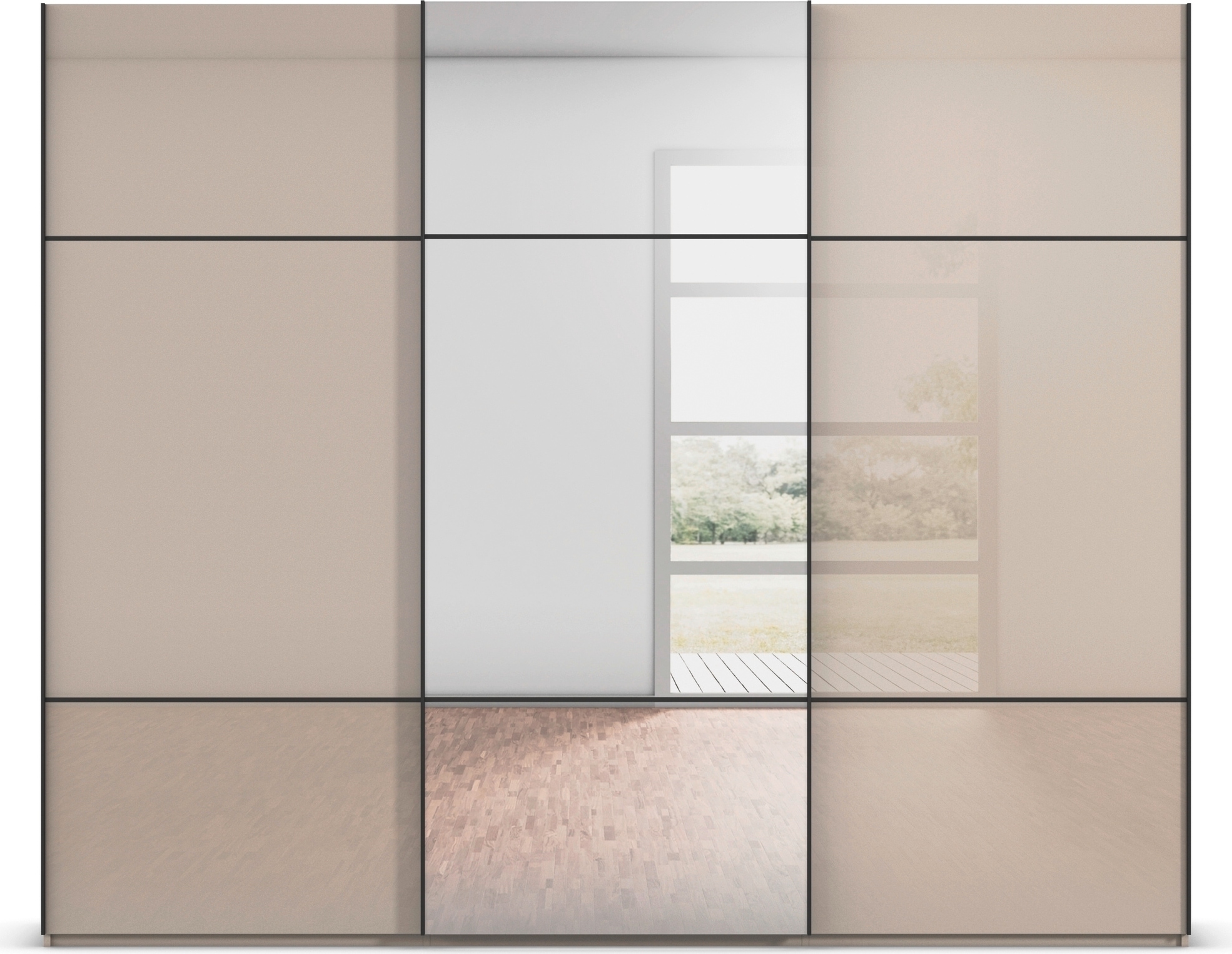 rauch Schwebetürenschrank »Kleiderschrank Schrank Garderobe Schlafzimmerschrank SCALE-TRIO«, edle dreigeteilte Front mit 2 Zierleisten Spiegel/Glas MADE IN GERMANY