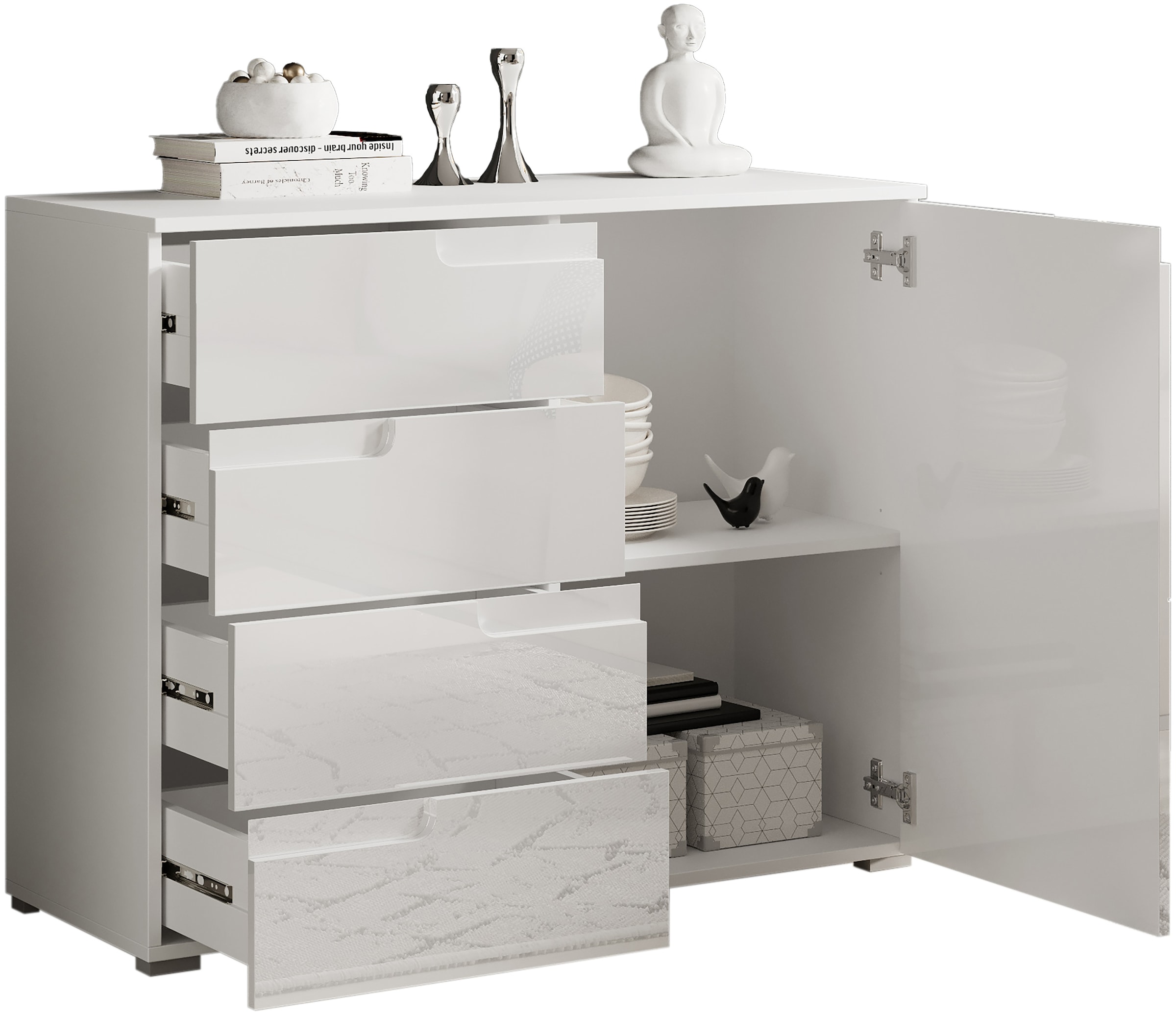 HBZ Kommode »Spice weiß hochglanz, BxHxT 100x80x40 cm«, Kommode mit 1 Tür, 4 Schubkästen und 1 Einlegeboden