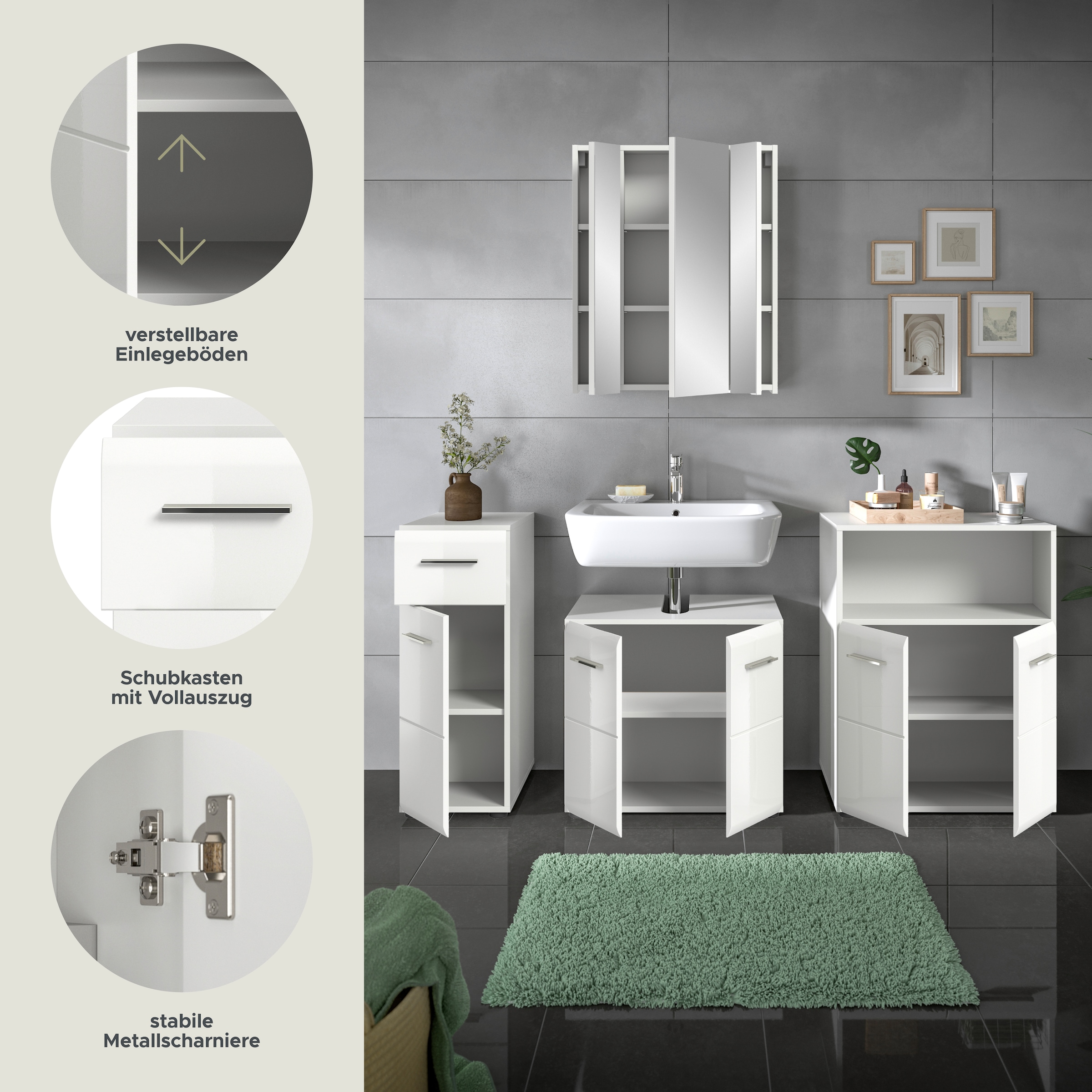 INOSIGN Badmöbel-Set »FLORENZ, TOPSELLER!, 3-teilige Badkombination, hochwertige MDF-Front«, (best. aus: 1 Hochschrank, 1Waschbeckenunterschrank, 1 Spiegelschrank), Bad-Kombination, Bad-Möbel, Badezimmer, Kombination, Kombi