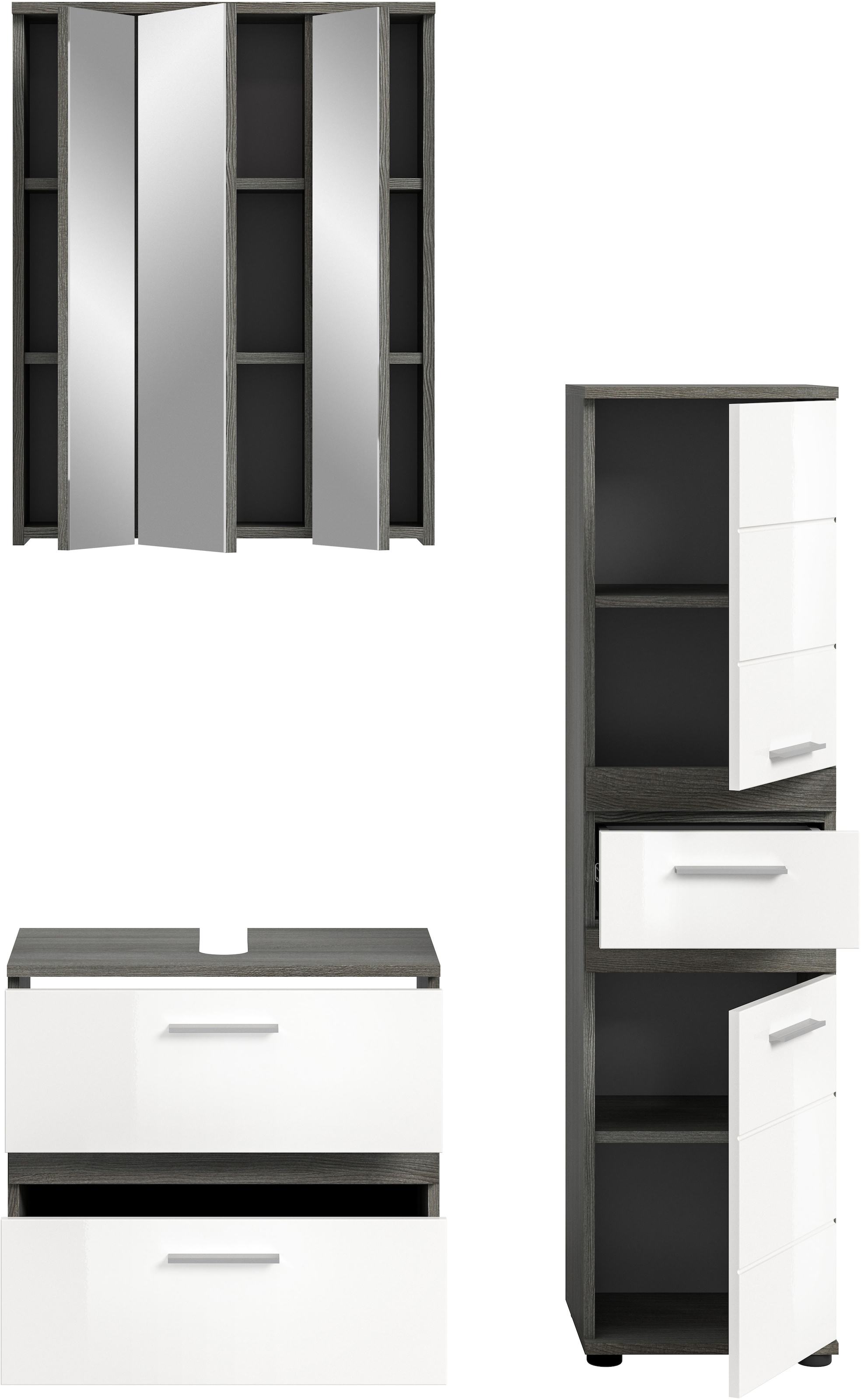 welltime Badmöbel-Set »LUCCA, 3-teilig, TOPSELLER!, hochwertige MDF Front«, (Set, 3 St., best. aus: Waschbeckenunterschrank, Spiegelschrank, Hochschrank), Badkombination, Bad-Möbel, Badezimmer, Kombination, Kombi