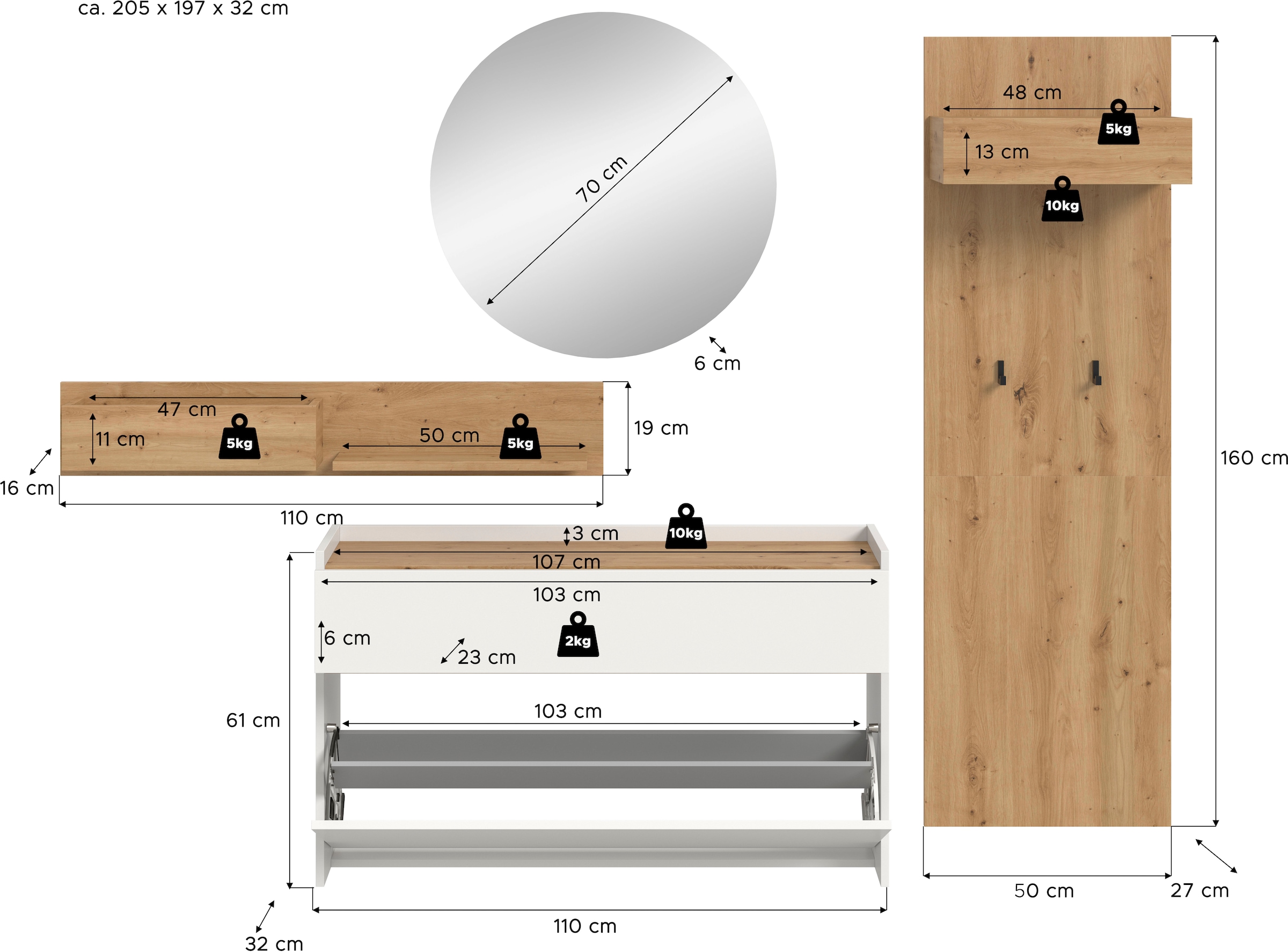INOSIGN Garderoben-Set »EVRID, 4-teilig, Breite 205 cm, individuell hängbar & erweiterbar« best. aus: Wandboard, Kommode, Spiegel, Garderobenpaneel, 4 Stk. tlg.