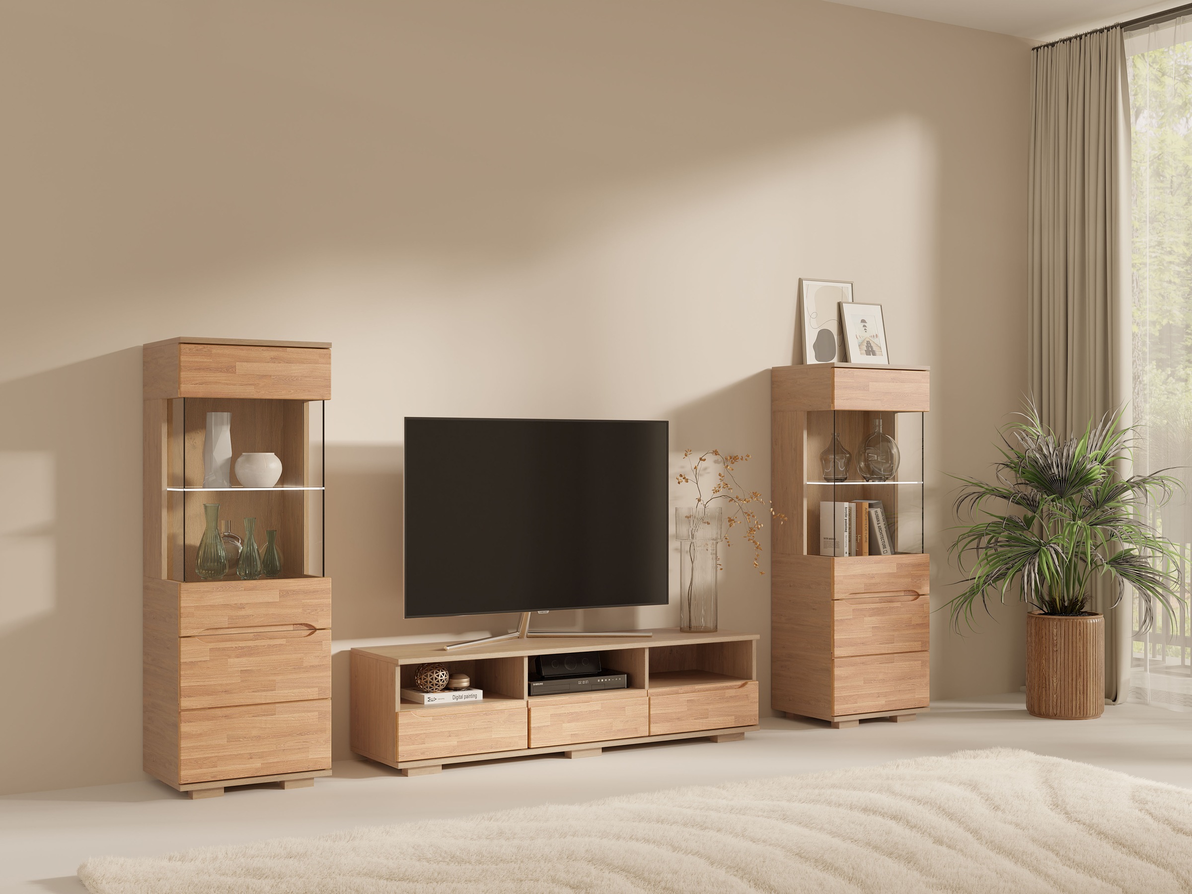 OTTO home Lowboard »VETRO Teilmassiv, Fronten Massivholz, Wohnzimmer, Stauraum,Griffmulde« B/T/H:150/40/40 cm, 3 Schubladen, 3 offene Fächer, kabeldurchführung