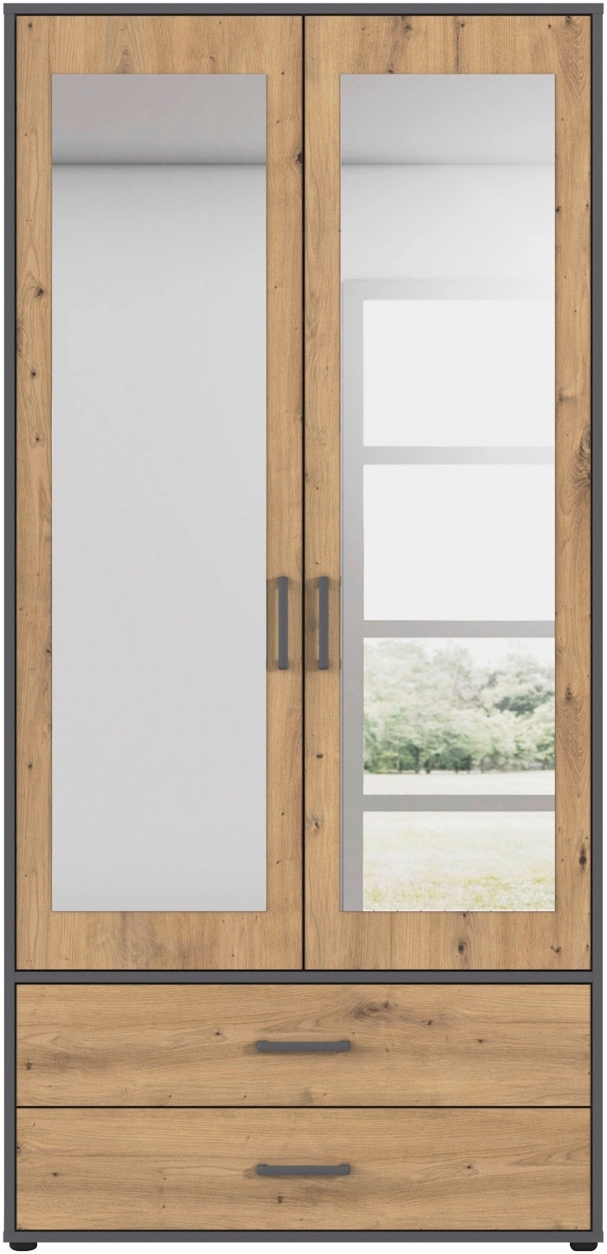 rauch Drehtürenschrank »Kleiderschrank Schrank Garderobe Wäscheschrank VOYAGER« in 3 verschiedenen Ausstattungen BASIC/CLASSIC/PREMIUM,  mit modernen Griffen in Graumetallic, inkl. Schubkästen und Spiegel