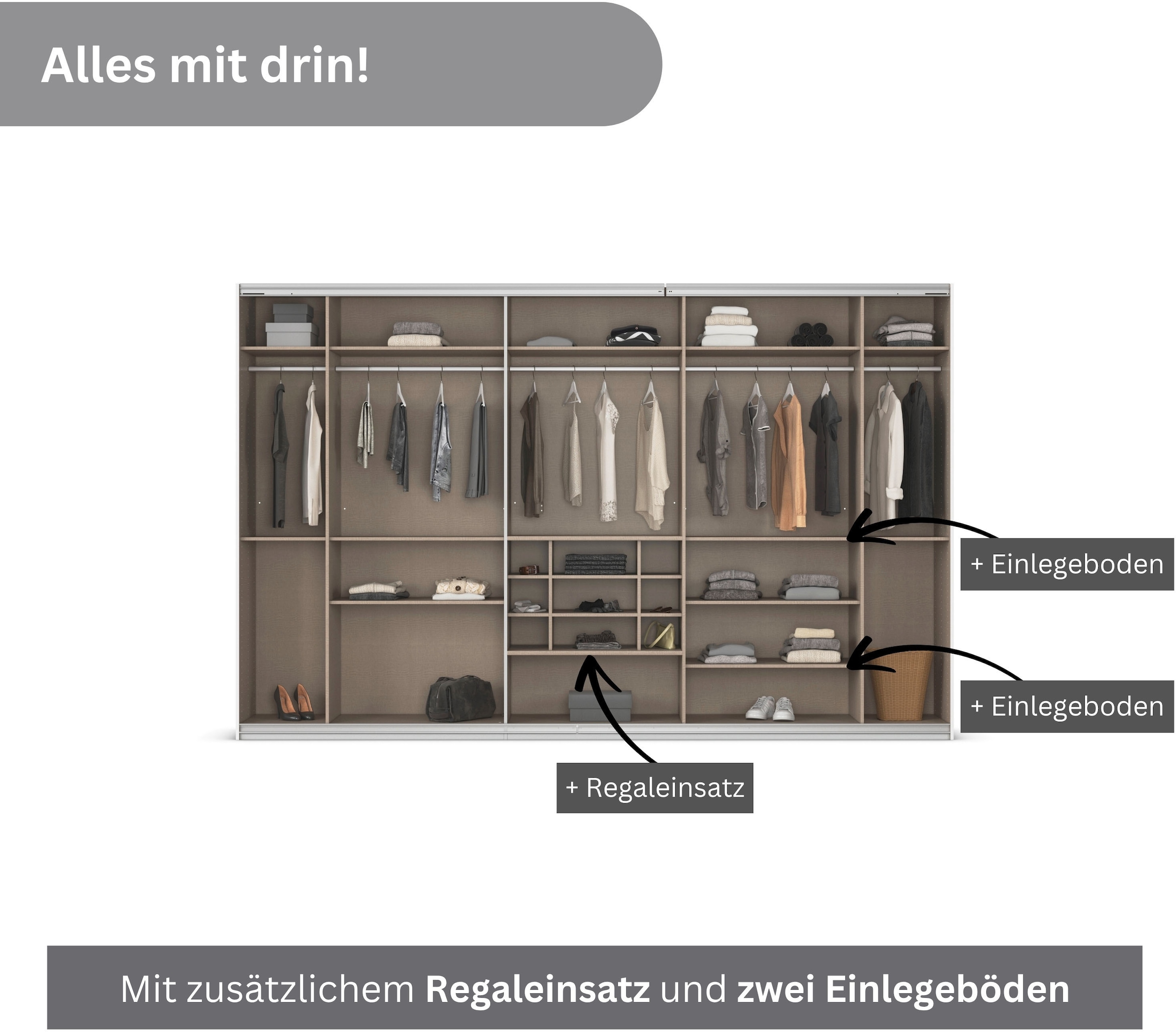 rauch Schwebetürenschrank »Kleiderschrank Schrank Garderobe Wäscheschrank TOMA mit Passepartout«, inkl. Regaleinsatz sowie zusätzlichen Einlegeböden MADE IN GERMANY