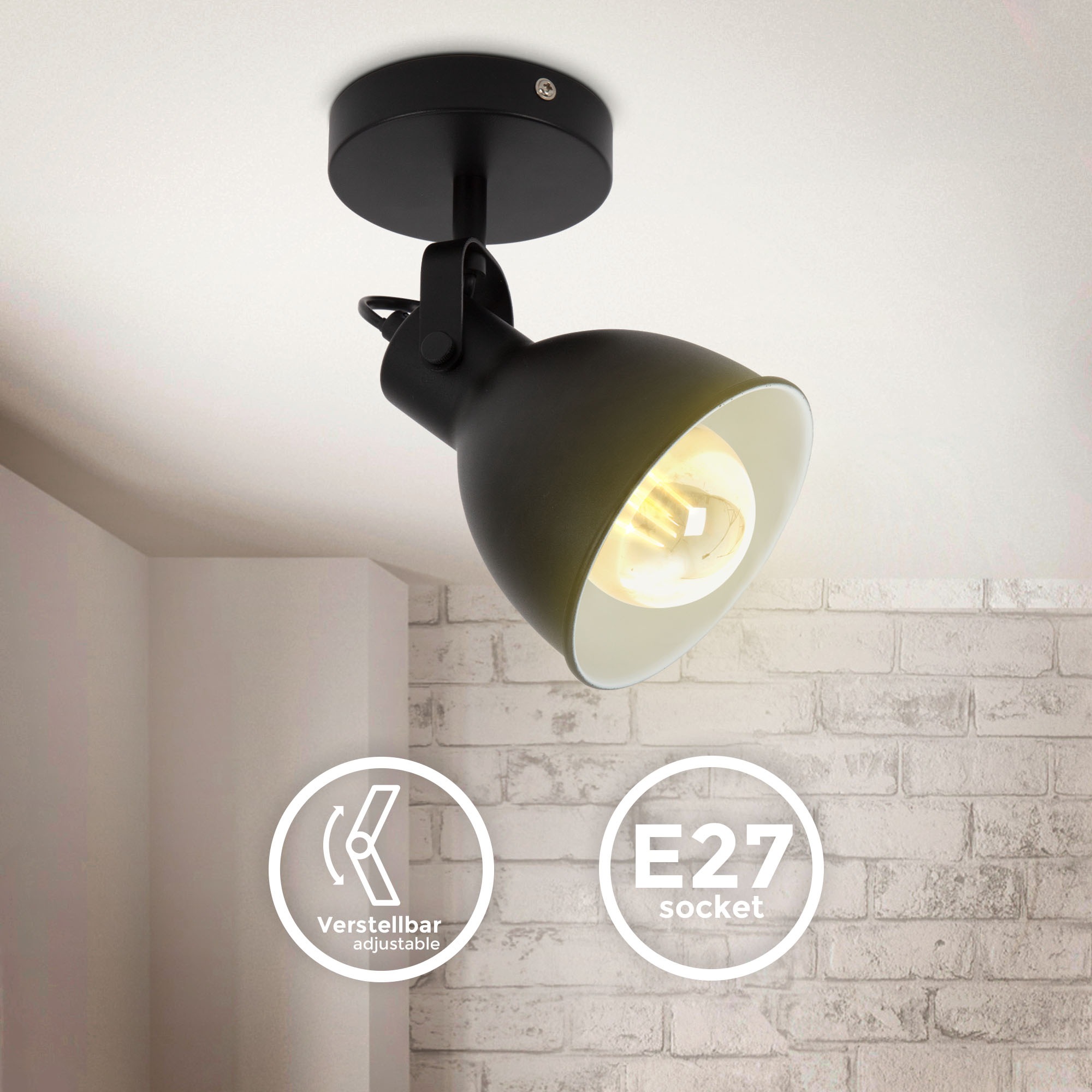 B.K.Licht Wandleuchte »Design-Spotleuchte, Metall, Schwarz, E27-Fassung«, 1 flammig, Leuchtmittel E27 | ohne Leuchtmittel, Schwenkbar, Ø13cm, ohne Leuchtmittel