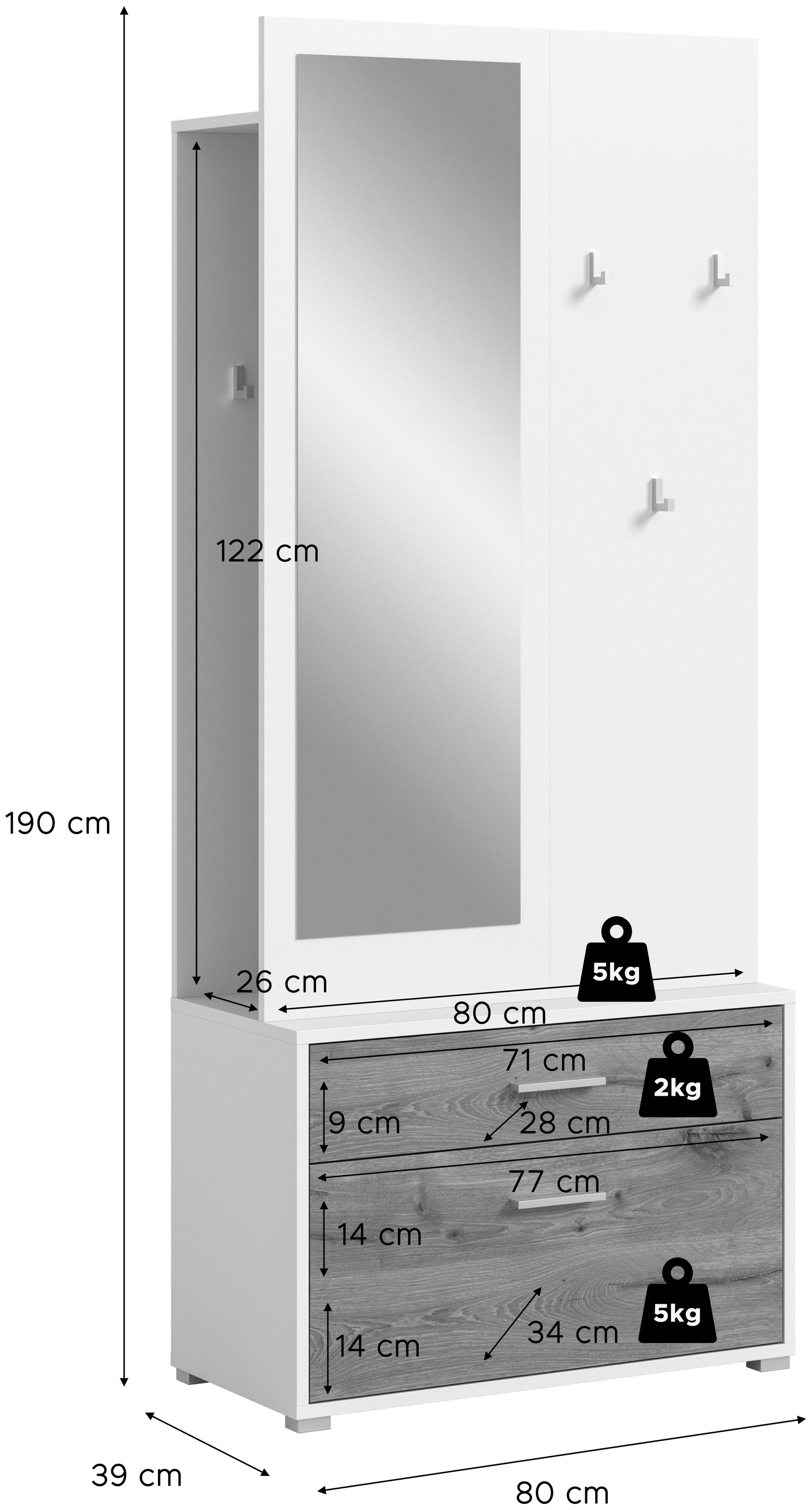 INOSIGN Kompaktgarderobe »Morrea, Höhe 190 cm, 1 Schubkästen, 6 Haken, 1 Kleiderstange, 7 Fächer«, (1 St.), schmale Garaderobe, Stauraum, Flur, Diele