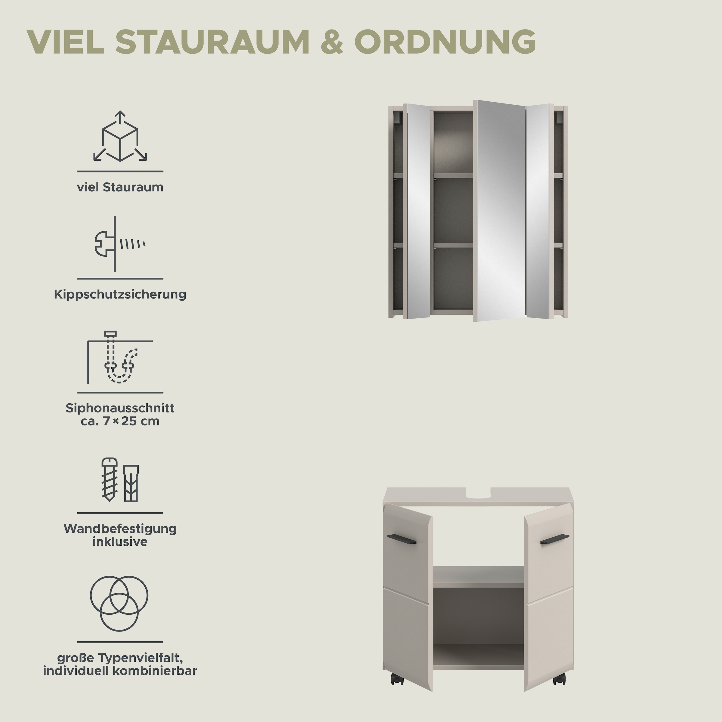 INOSIGN Badmöbel-Set »FLORENZ, 2-tlg. Bad-Kombination, hochwertige MDF-Front« best. aus: 1 Spiegelschrank, 1 Waschbeckenunterschrank, 3 Stk. tlg.