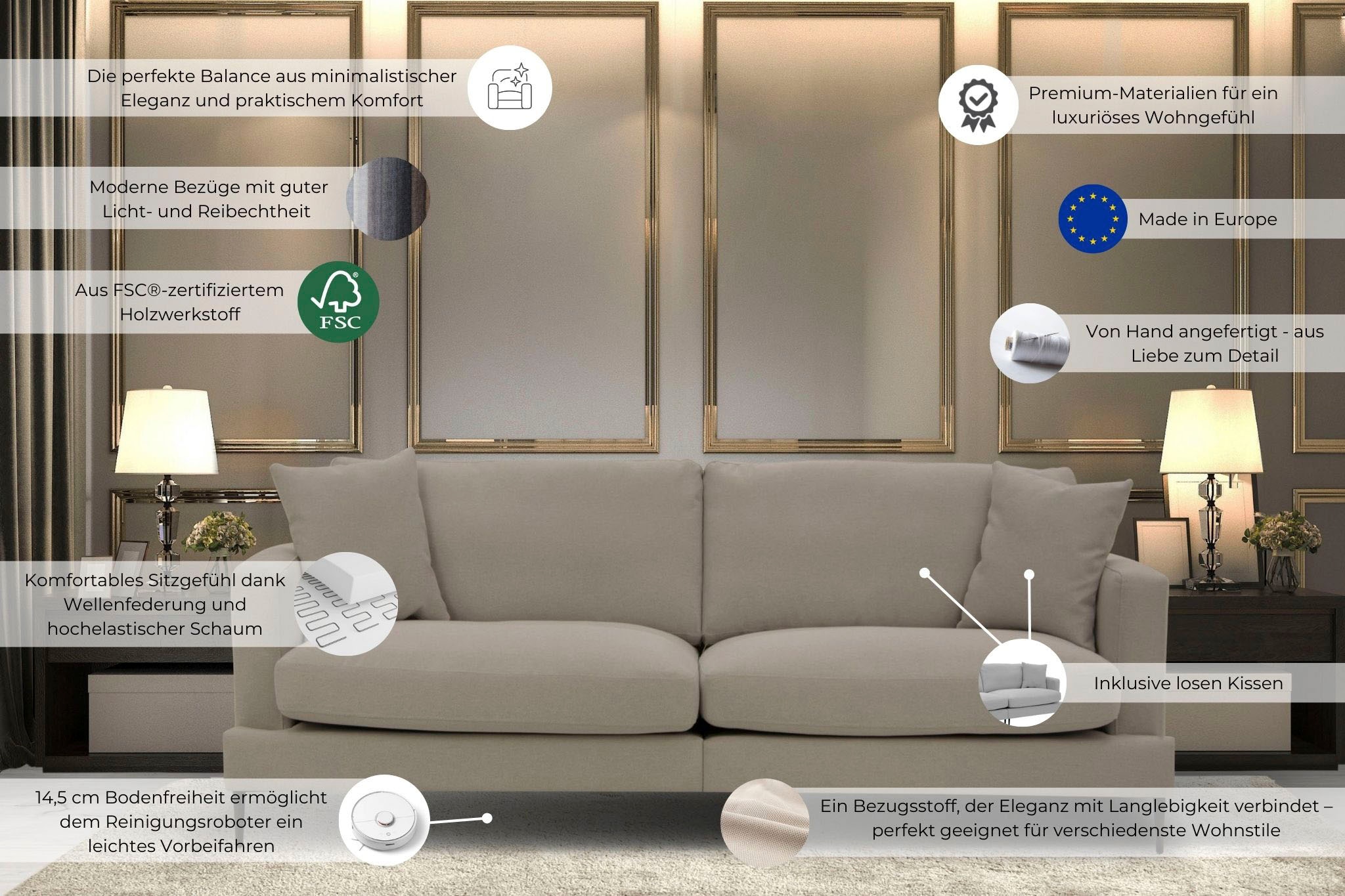 Leonique 3-Sitzer »Cozy elegantes Designsofa, Maße B/T/H: 211/97/80 cm«, mit losen Kissen und Metallbeinen