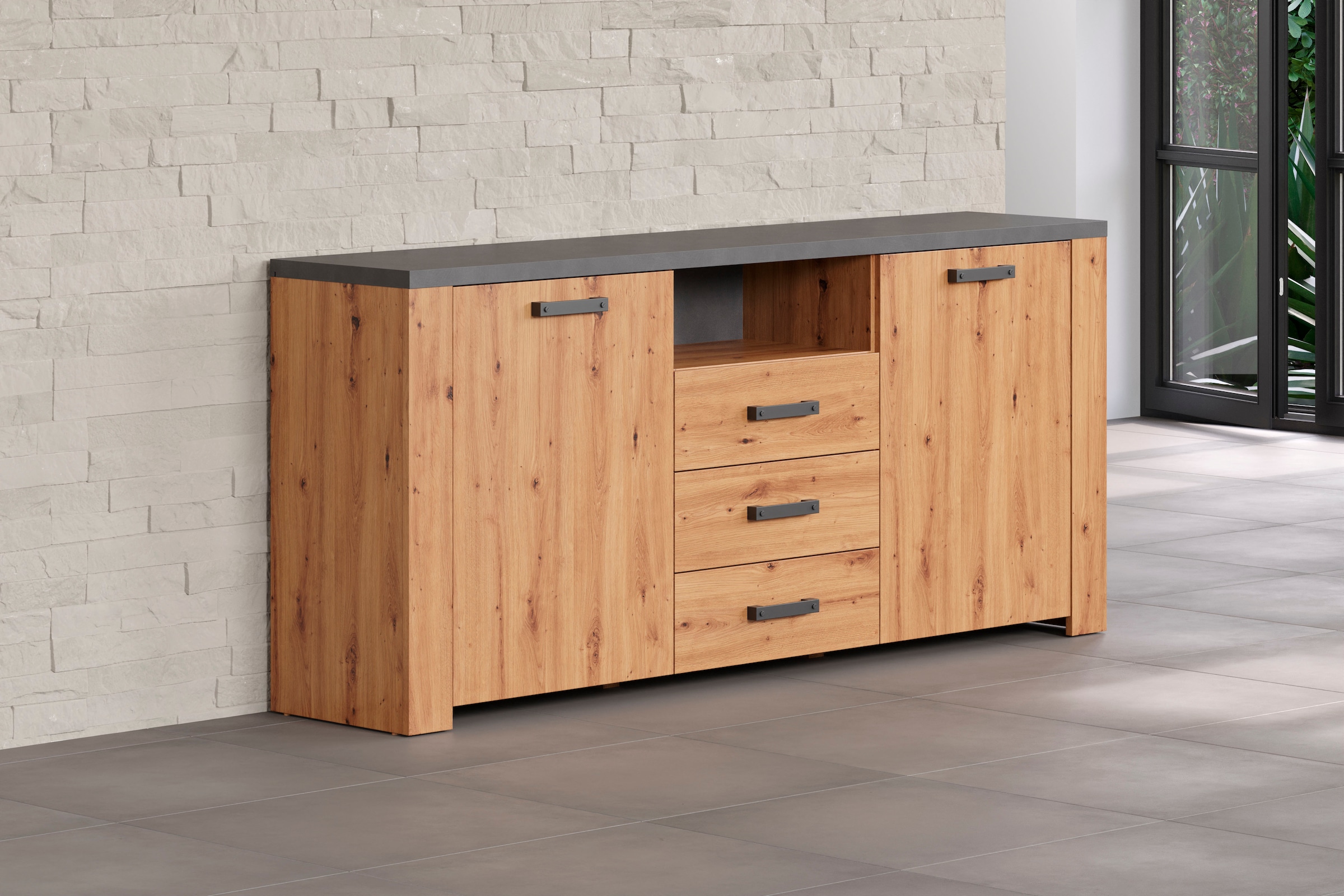 Home affaire Sideboard »Ambres«, (1 St.), Kommode Echtholzoptik, Maße BxH: 180x83 cm, Eiche