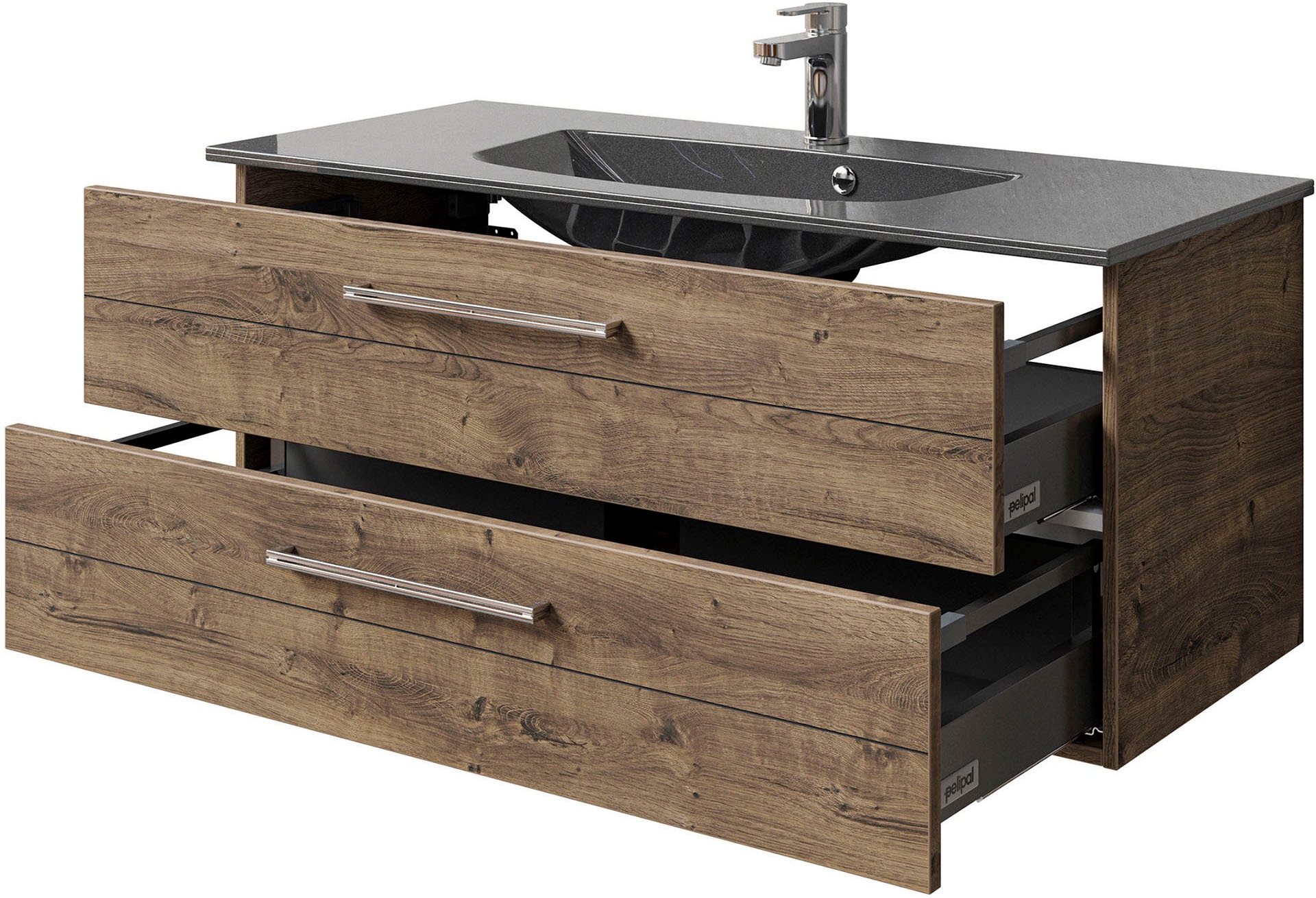 Saphir Badmöbel-Set »Serie 6025 2-teilig Mineralmarmor-Waschtisch mit LED-Spiegelschrank«, (2 St.), Waschplatz 117cm breit, 2 Schubladen, 3 Spiegel-Türen, inkl Türdämpfer
