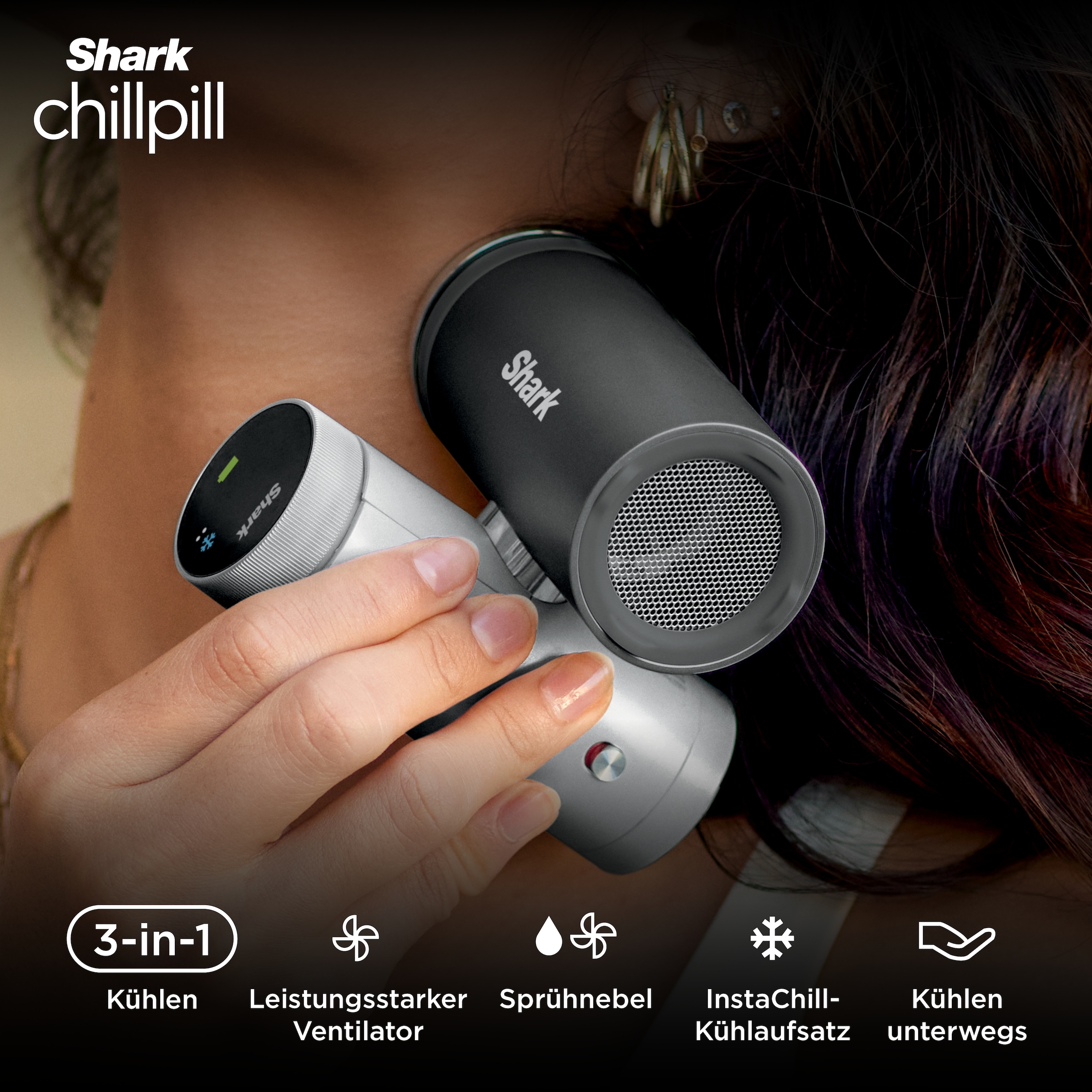 Shark Handventilator »FA022EU ChillPill, 3-in-1 Erfrischungssystem« Abkühlung mit HydroGo Sprühnebel, InstaChill-Kühlplatte