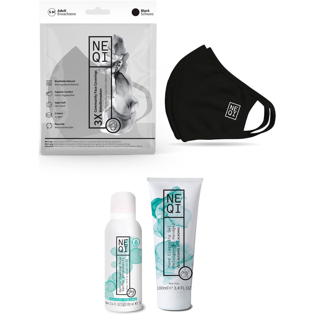NEQI Mund-Nasen-Maske, (Set, 3-teilig), inkl. feuchtigkeitsspendende Handseife und Handreinigungsgel