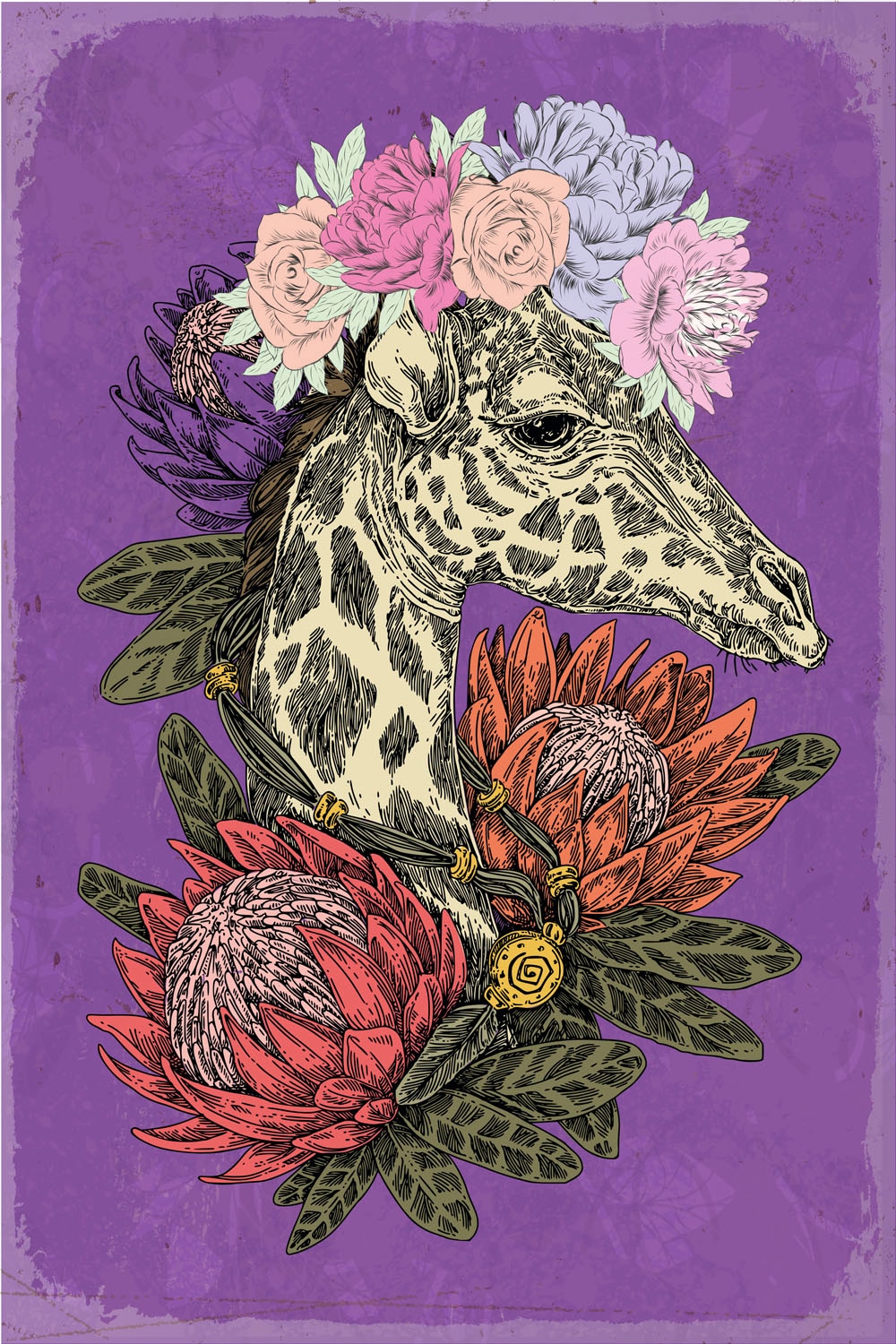 queence Metallbild »Gerta«, Tiere-Blumen-Blumenbilder, (1 St.), Stahlschild, Blechschild, Giraffe, niedlich, Wanddeko, Blumenkranz