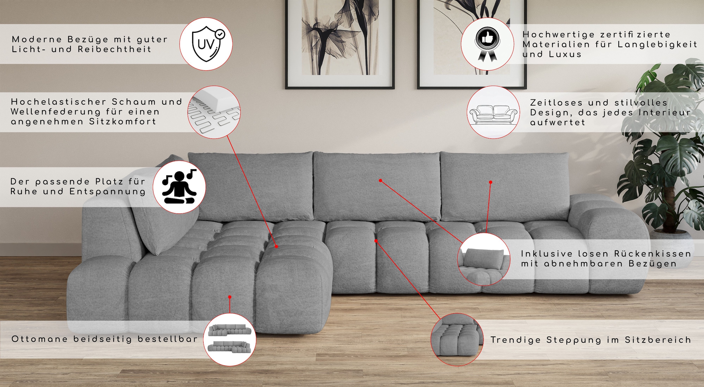 OTTO home Ecksofa »AZITA Designsofa, elegant und bequem L-Form, Bubble-Optik« lose Rückenkissen, traumhafte Steppung, Maße B/T/H: 352/210/72 cm