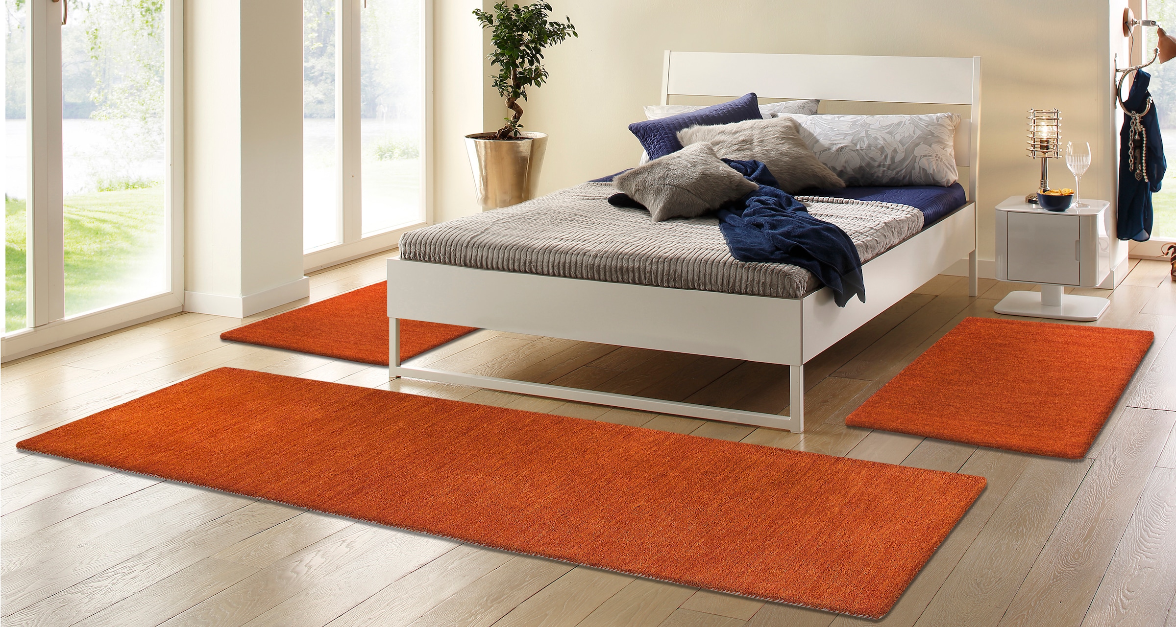 THEKO Bettumrandung »Gabbeh Uni, Handweb Teppich, meliert, reine Wolle« Höhe 14 mm 3 Stk. tlg. Bettvorleger, Uni-Farben, handgewebt, Läufer-Set, Schlafzimmer