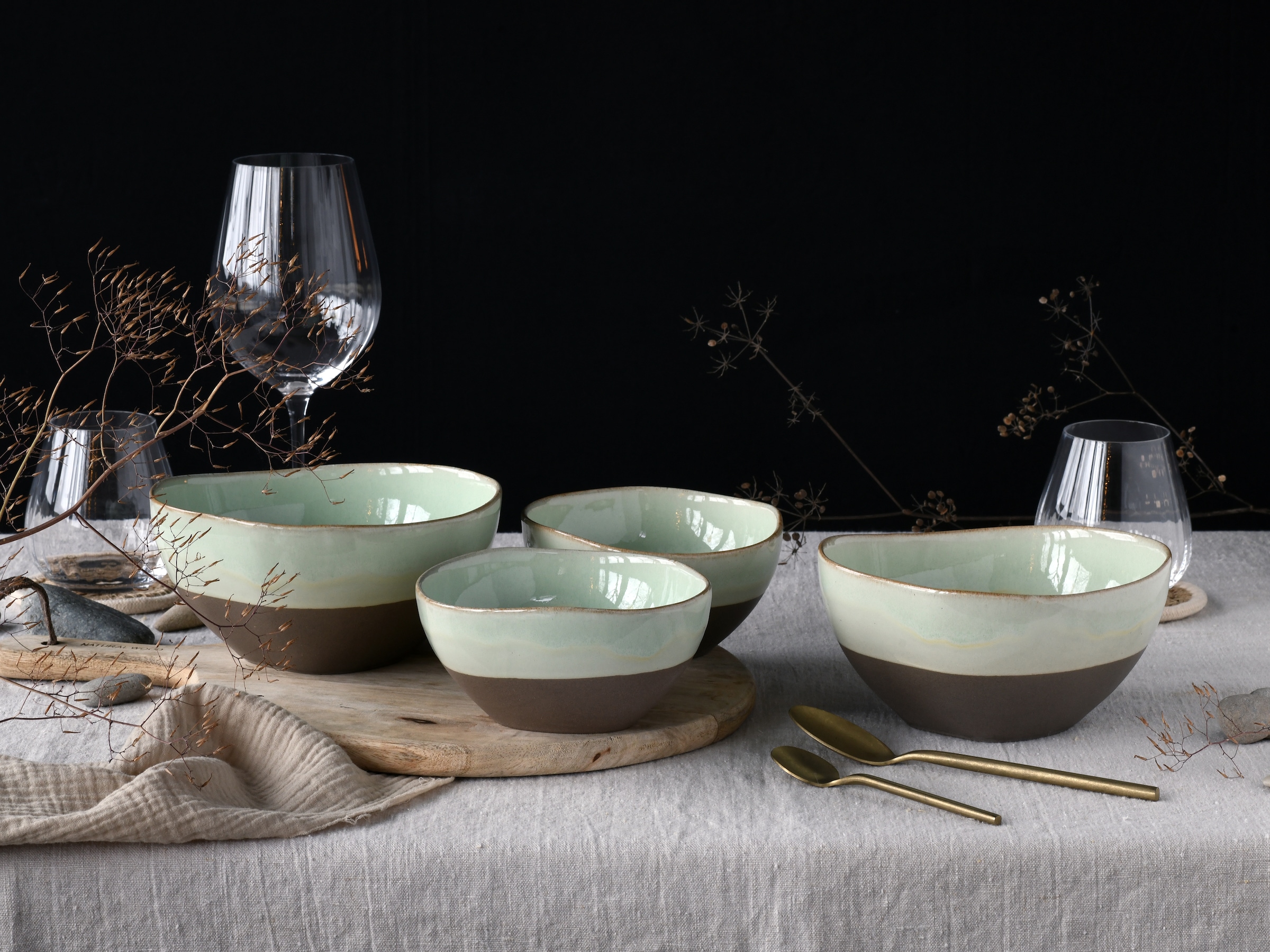 CreaTable Schale »Basalt Bio, Bowl Set 4-tlg«, 4 tlg., aus Steinzeug, Organische Form, Jedes Teil ein Unikat