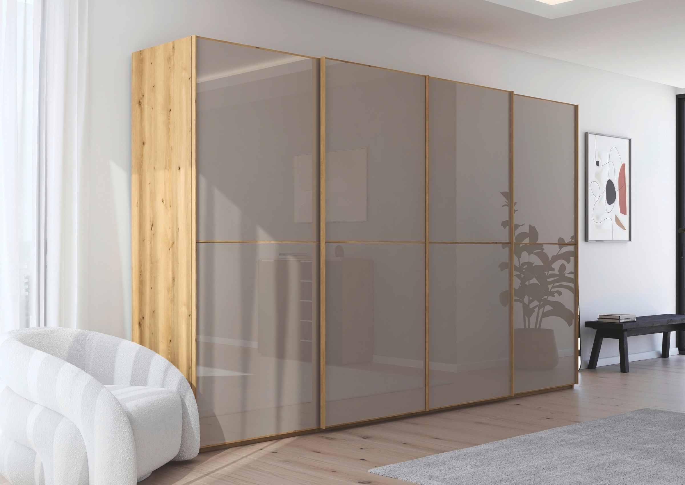 rauch Schwebetürenschrank »Kleiderschrank Schrank Garderobe Schlafzimmerschrank SCALE-DUO«, edle zweigeteilte Türen Glas-Front mit 3 Zierleisten MADE IN GERMANY