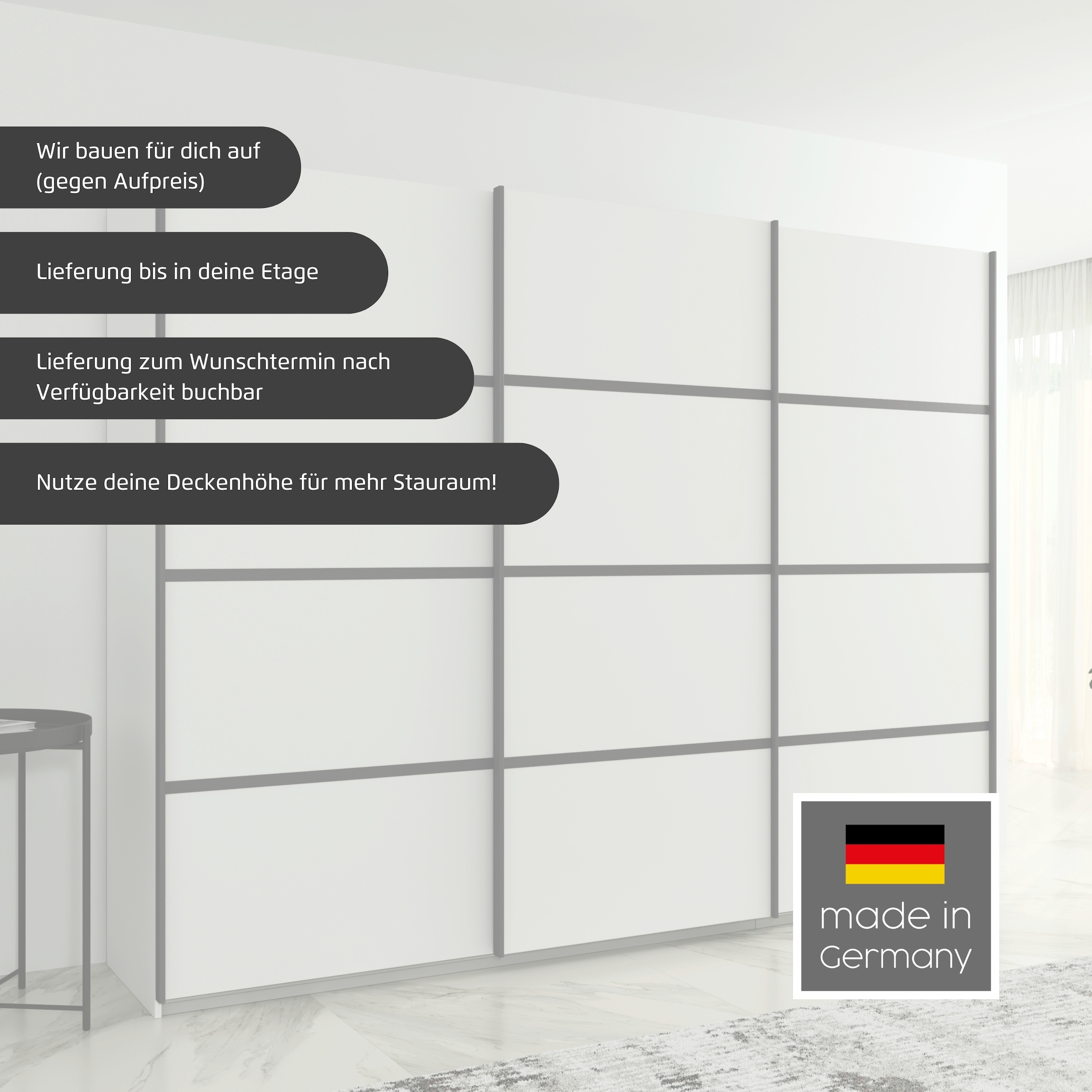rauch Kleiderschrank »Schwebetürenschrank OTTO´s Choice Garderobe Schrank TOP ANGEBOT Avola«, (in 3 verschiedenen Ausstattungen BASIC/CLASSIC/PREMIUM inkl. Spiegel), mit eleganten Zierleisten in Chrom, Schwarz oder Weiß MADE IN GERMANY