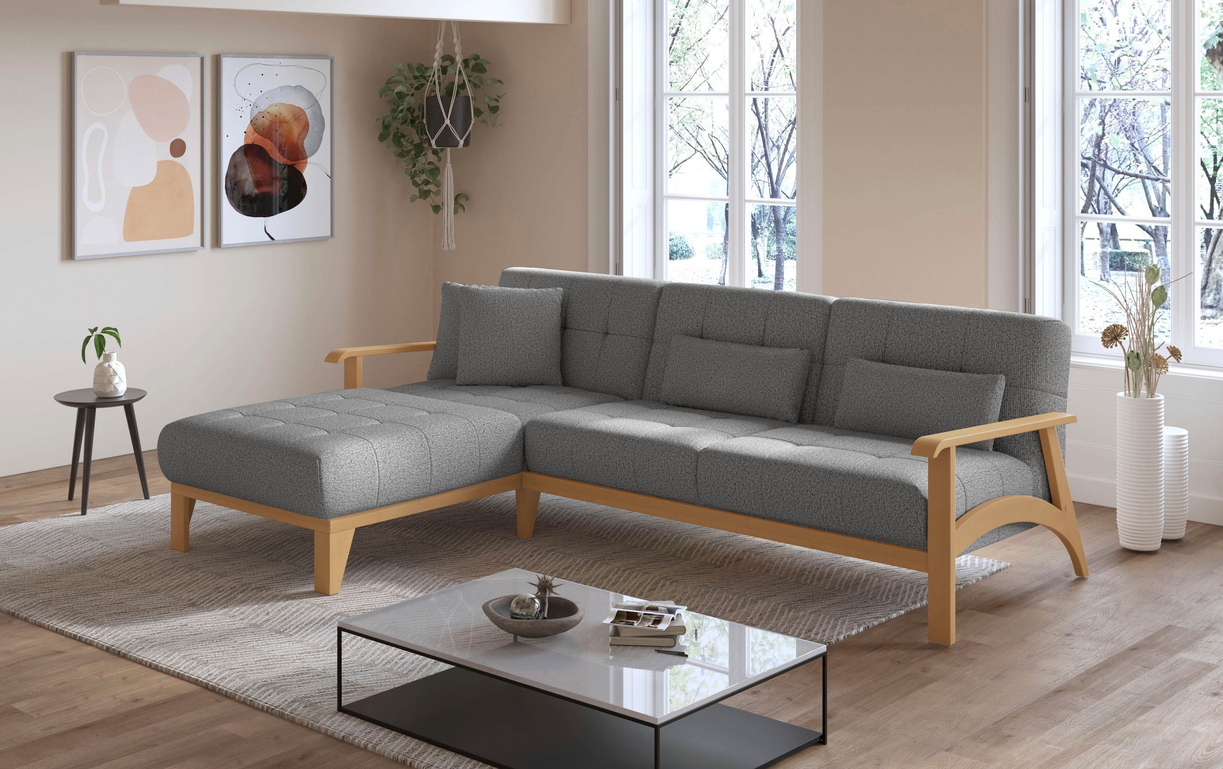 sit&more Ecksofa »Billund L-Form«, Armlehnen aus eichefarbigem Buchenholz, verschiedene Bezüge und Farben