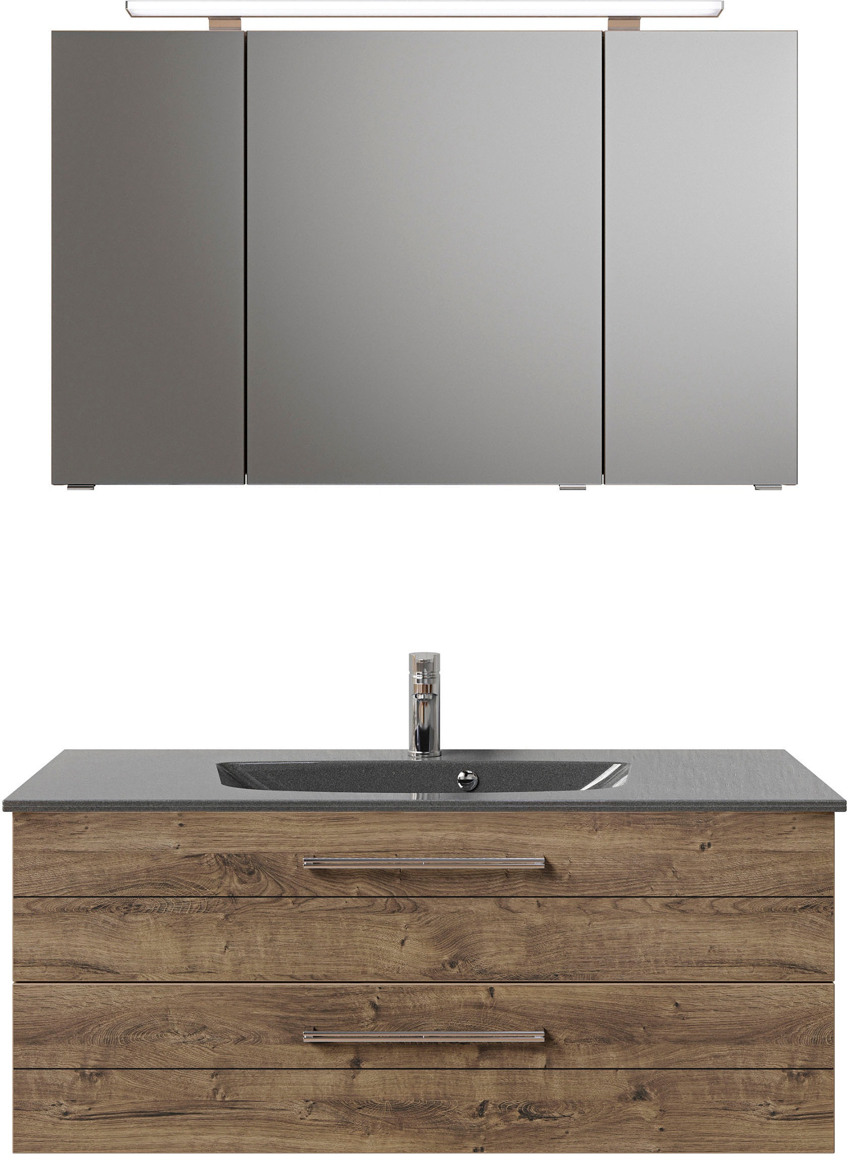 Saphir Badmöbel-Set »Serie 6025 2-teilig Mineralmarmor-Waschtisch mit LED-Spiegelschrank«, (2 St.), Waschplatz 117cm breit, 2 Schubladen, 3 Spiegel-Türen, inkl Türdämpfer