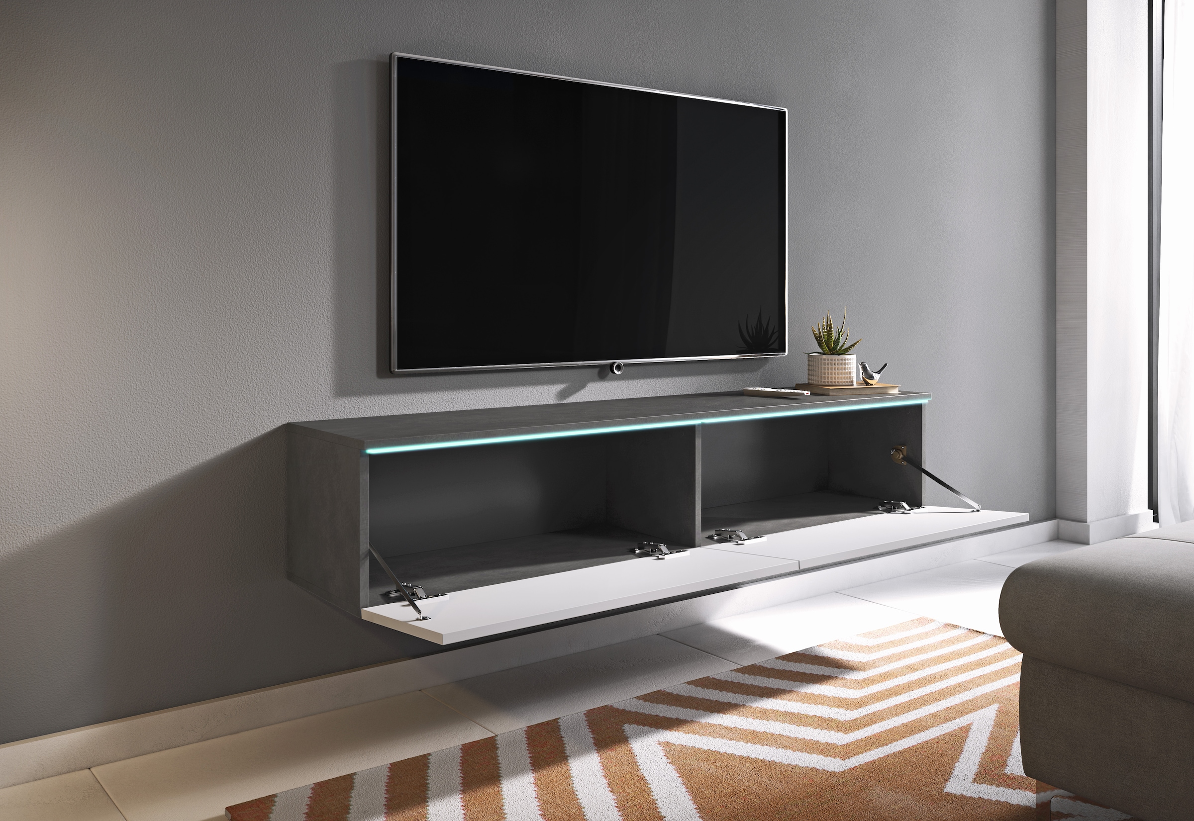 INOSIGN Lowboard »LOWBOARD D, wahlweise mit oder ohne Beleuchtung«, modernes TV-Board ohne Griffe, mit viel Stauraum,stehend und hängend