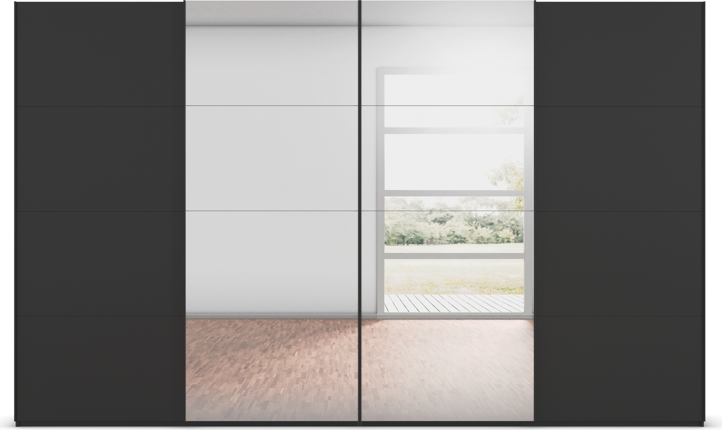 rauch Schwebetürenschrank »Kleiderschrank Schrank Garderobe Schlafzimmerschrank SCALE-FYRA«, edle viergeteilte Türen mit Spiegel und vielen Farben MADE IN GERMANY