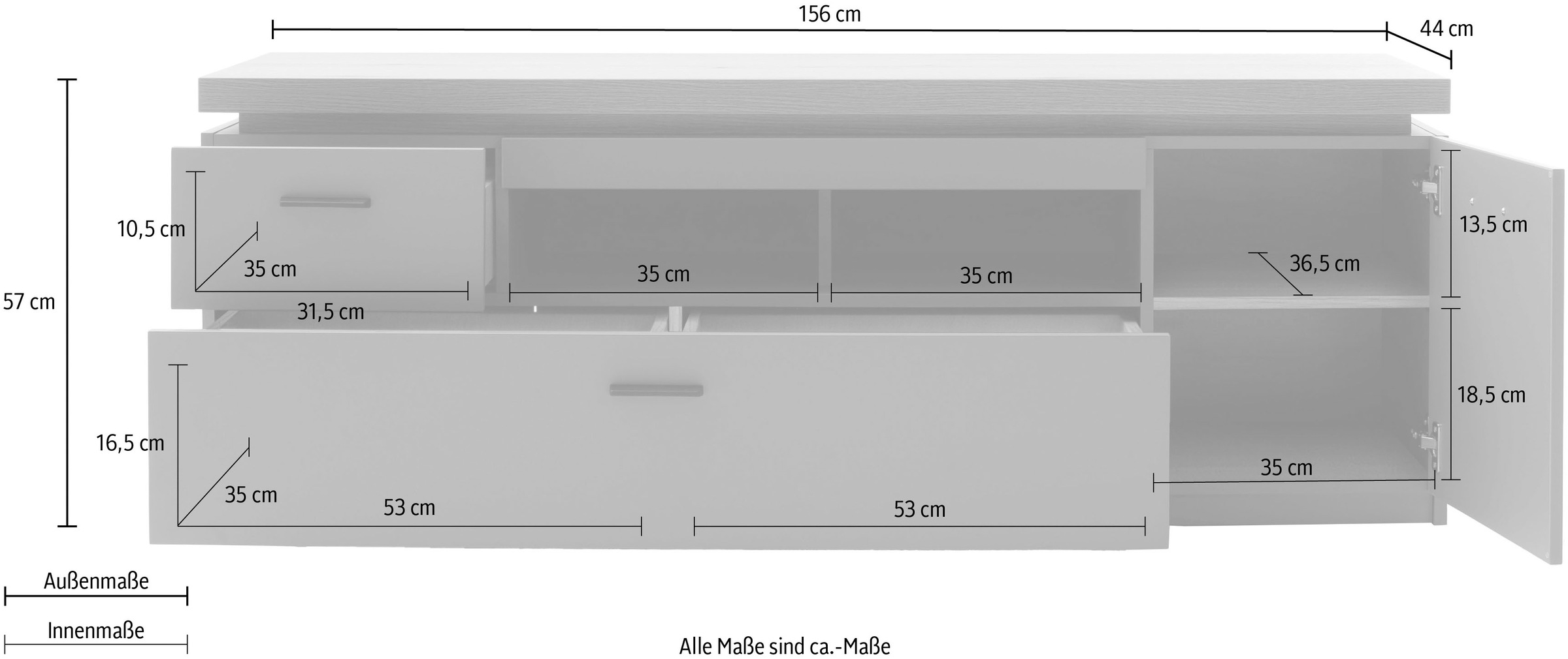 MCA furniture Lowboard »MONIZ TV-Element«, TV-Schrank, 2 Türen, 2 Schubkästen, 2 offene Fächer, 156 cm breit