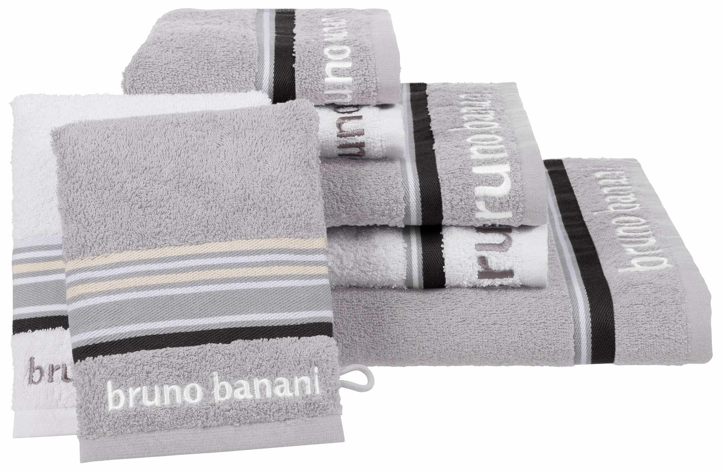 Bruno Banani Handtuch Set »Maja, 1 Duschtuch, 2 Handtücher, 2 Gästehandtücher, 2 Waschhandschuhe«, (Set, 7 St., 1 Duschtuch-2 Handtücher-2 Gästetücher-2 Waschhandschuhe), mit Bordüre und Markenlogo, 7 teiliges Handtücher Set, 100% Baumwolle