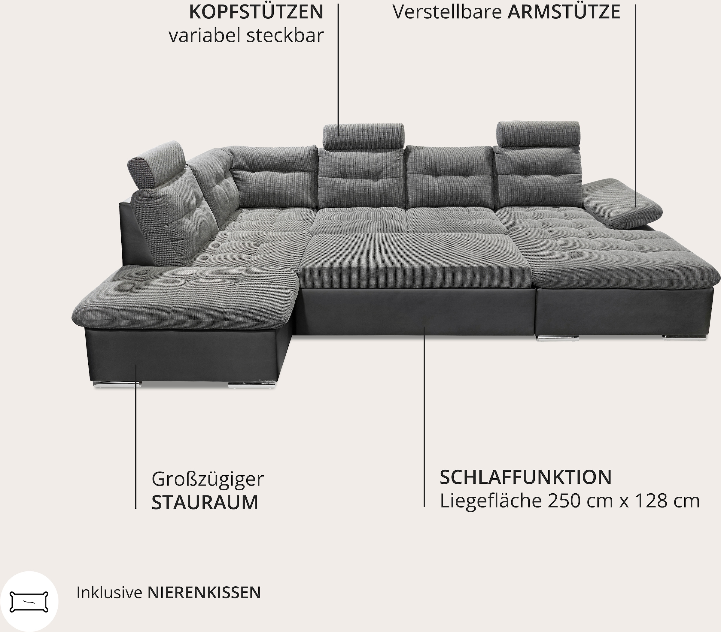 ED EXCITING DESIGN Wohnlandschaft »Jakarta U-Form mit Bettfunktion, Bettkasten« Armteilverstellung, Kopfstützen & 3 Nierenkissen