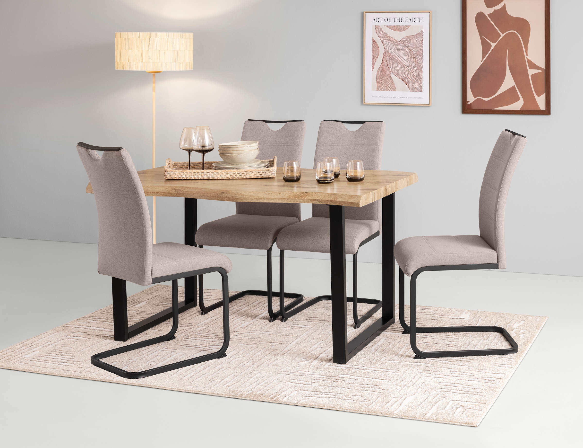 HELA Essgruppe »GISELLE Esszimmer, Essgruppe, Sitzgruppe TOPSELLER!«, (Set, 5 tlg., 5er Set, Tisch plus 4 Stühle), Esstisch U-Gestell Metall, Tischplatte mit Baumkante, OTTOs Choice