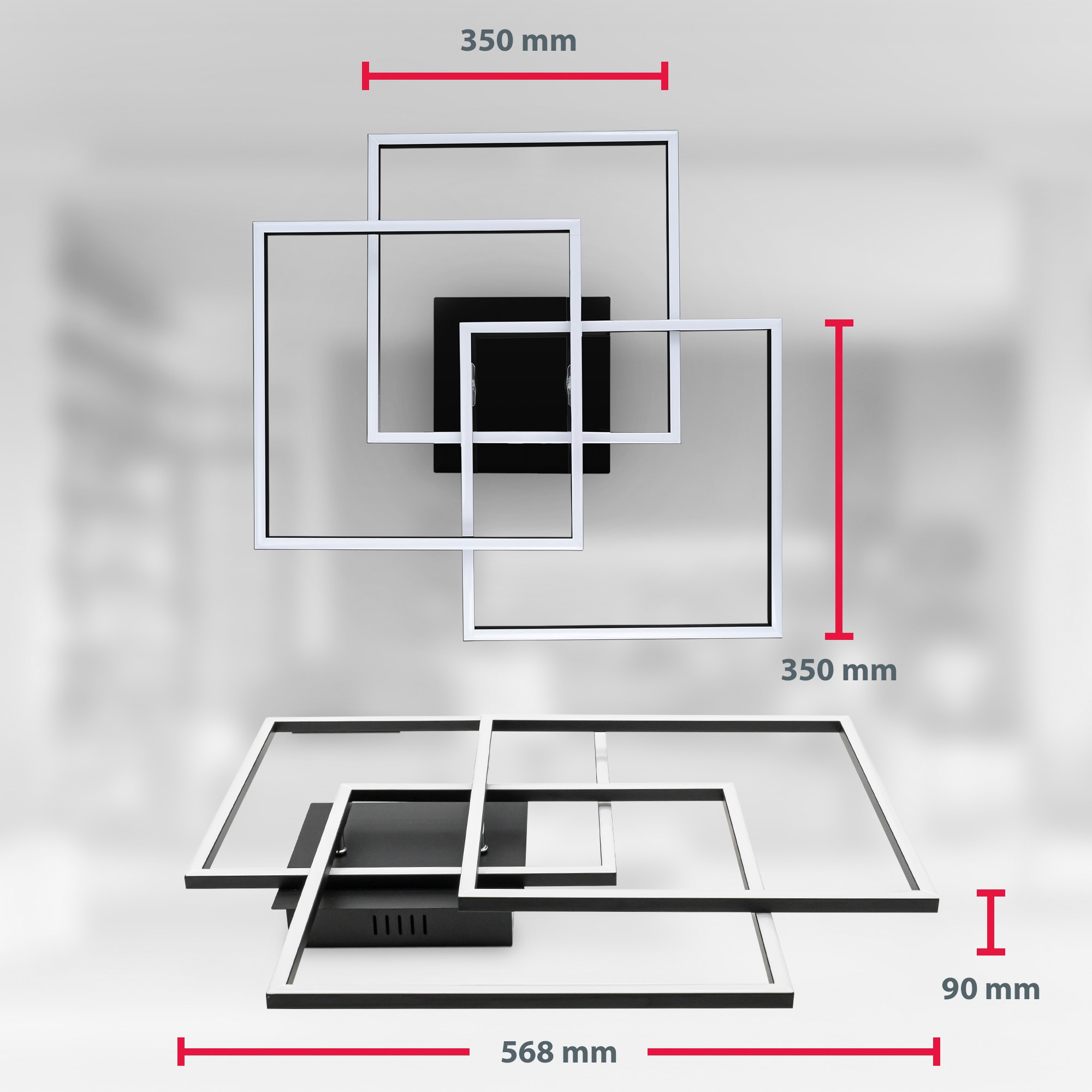 B.K.Licht LED Deckenleuchte »BK_FR1505 LED Deckenlampe, Frame, Schwenkbar, Schwarz«, 1 flammig, Leuchtmittel LED-Modul | LED fest integriert, 3-flammig, 3000 K warmweißes Licht, 568x568x95 mm (LxBxH)