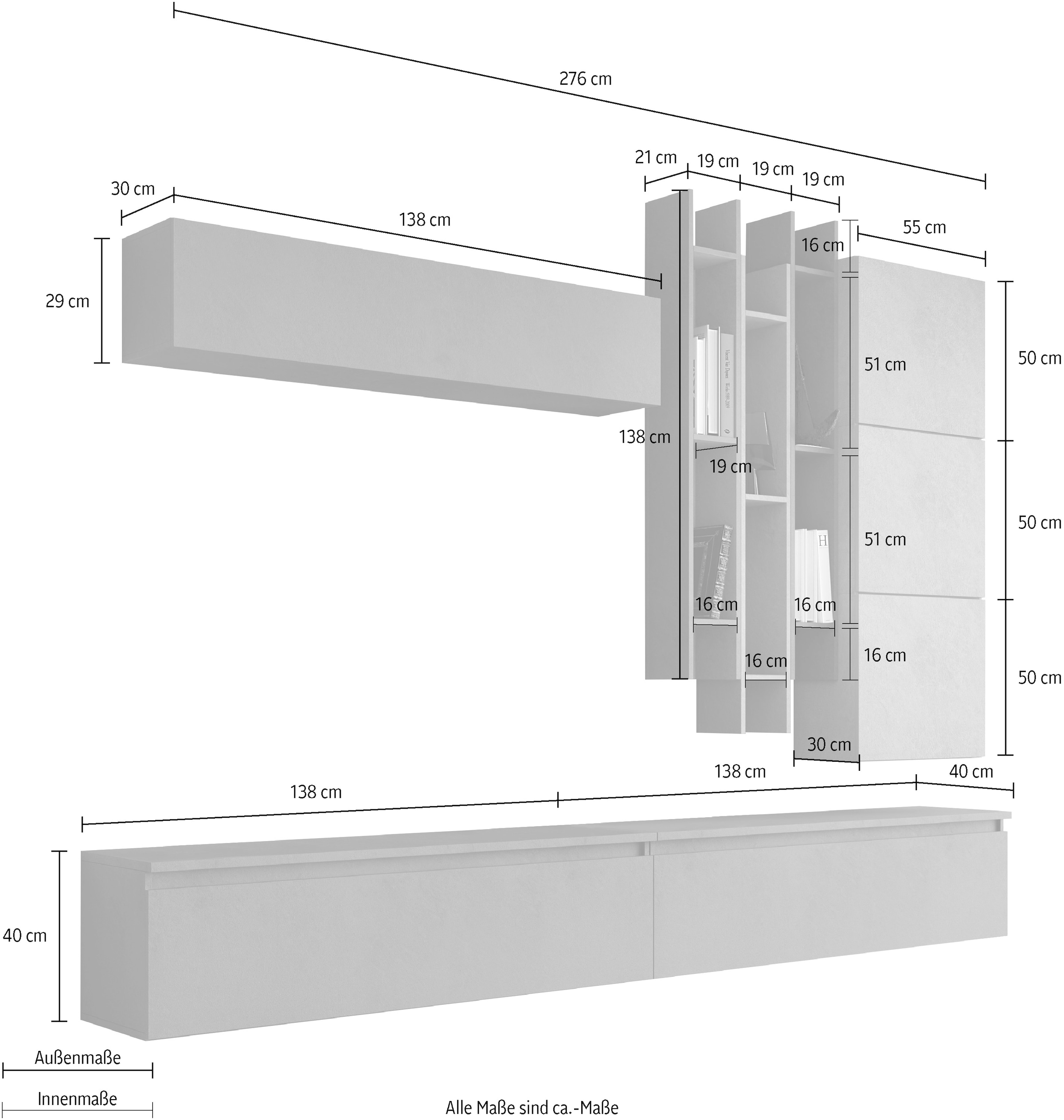 INOSIGN Wohnwand »INFINITY, 9tlg. Breite 276 cm, Höhe variabel, Schrankwand, Anbauwand«, (2x Lowboard, Hängeschrank, 3x Wandregal, 3x Hängewürfel)